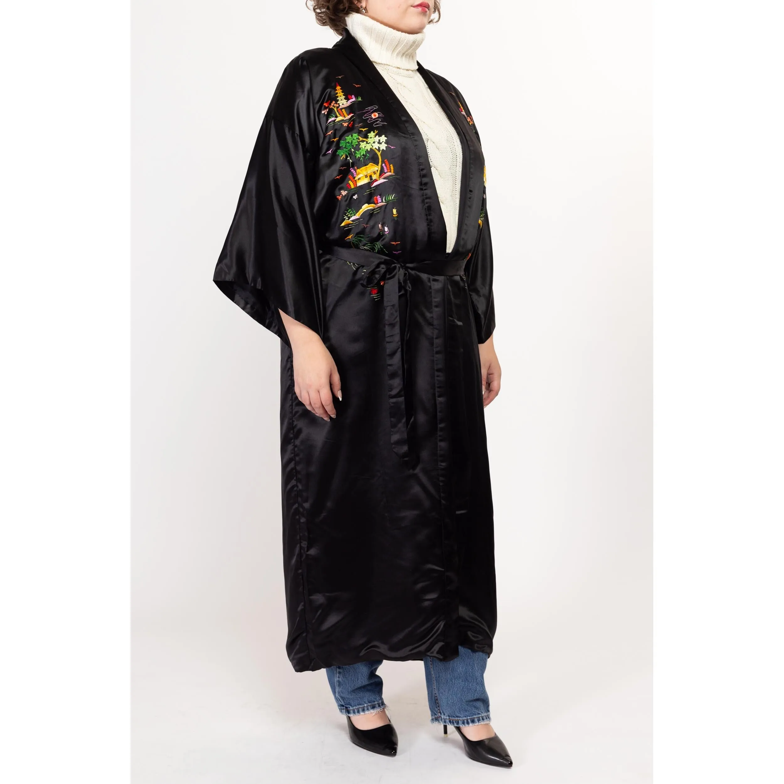 Large 70s 80s Black Silk Embroidered Chinese Robe