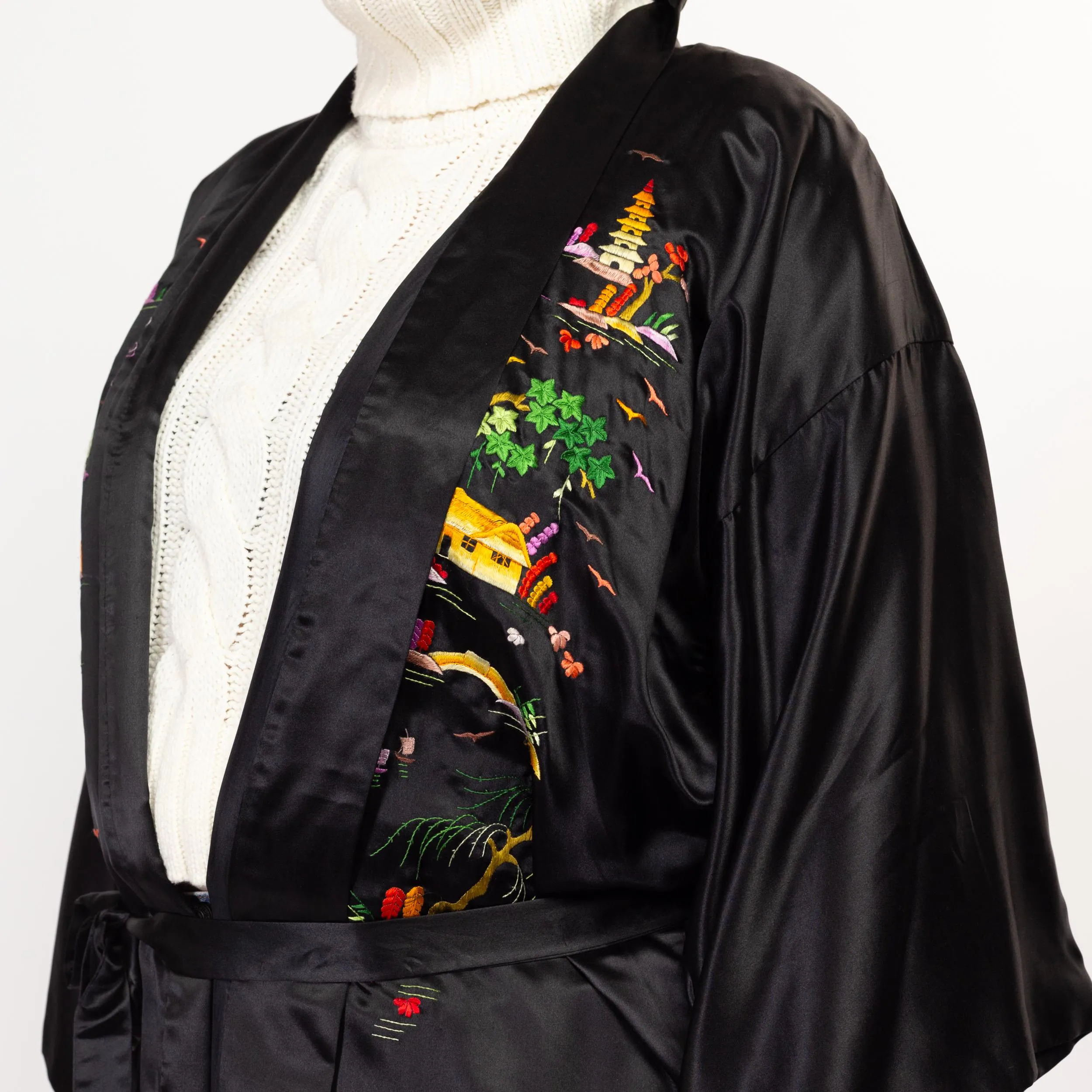 Large 70s 80s Black Silk Embroidered Chinese Robe