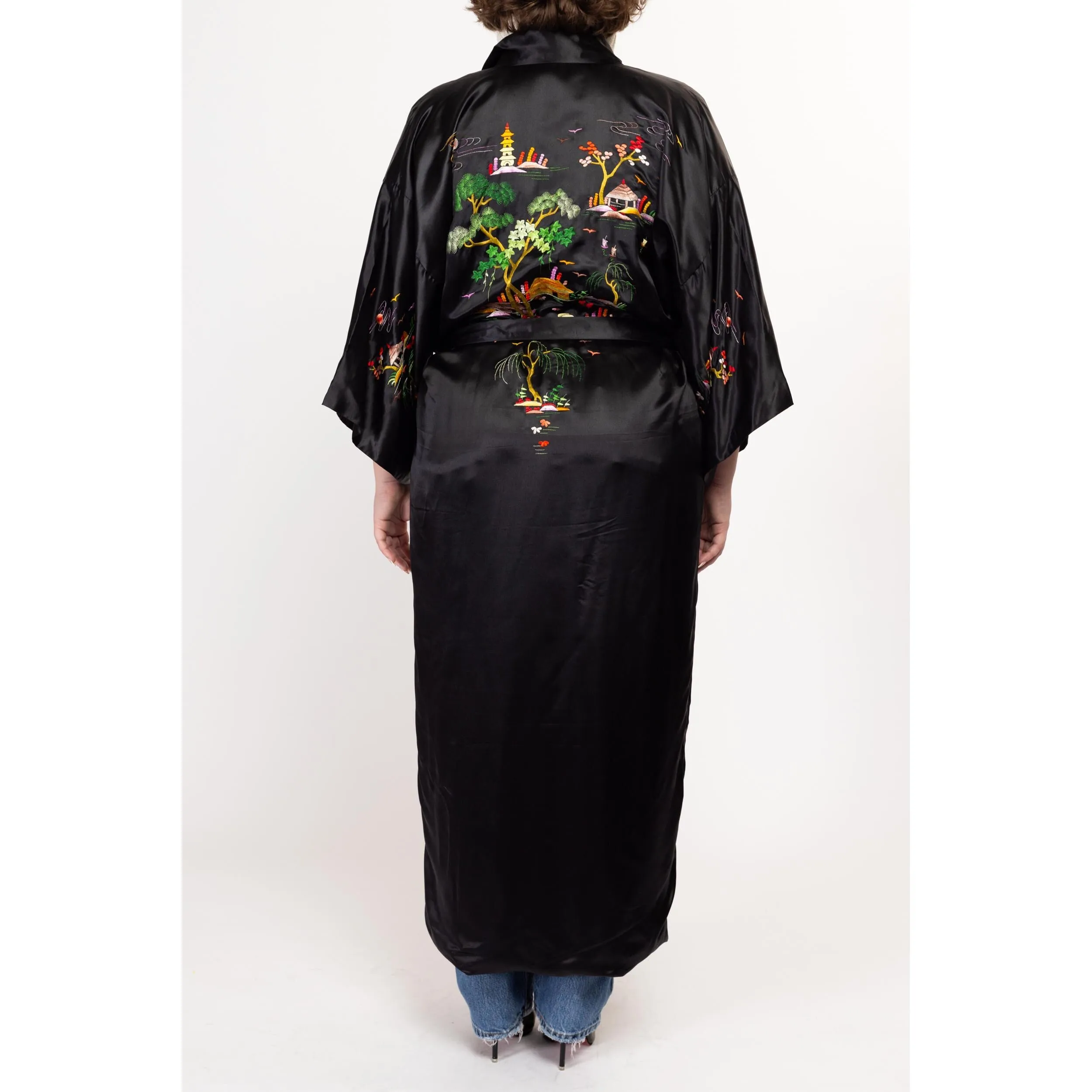 Large 70s 80s Black Silk Embroidered Chinese Robe