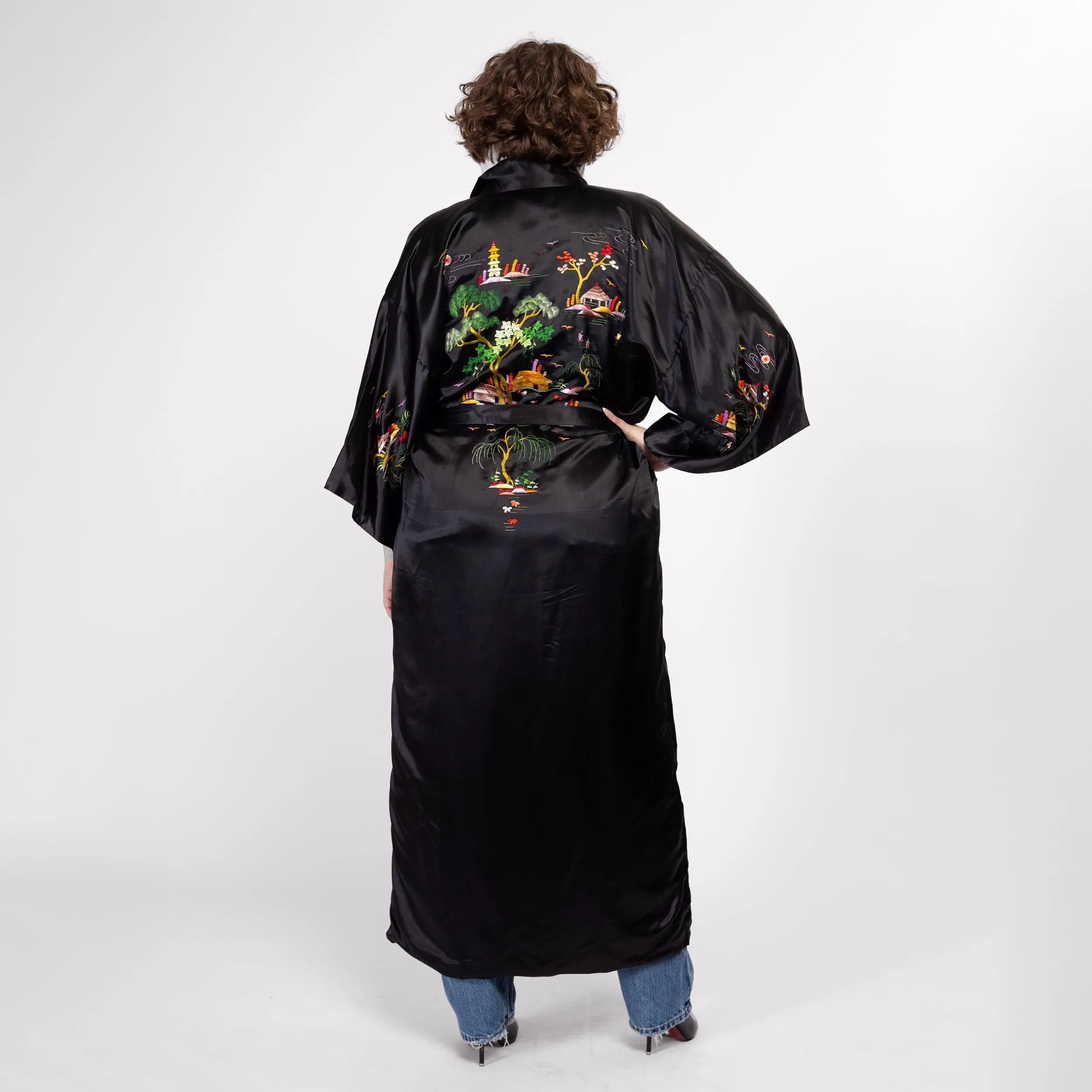 Large 70s 80s Black Silk Embroidered Chinese Robe