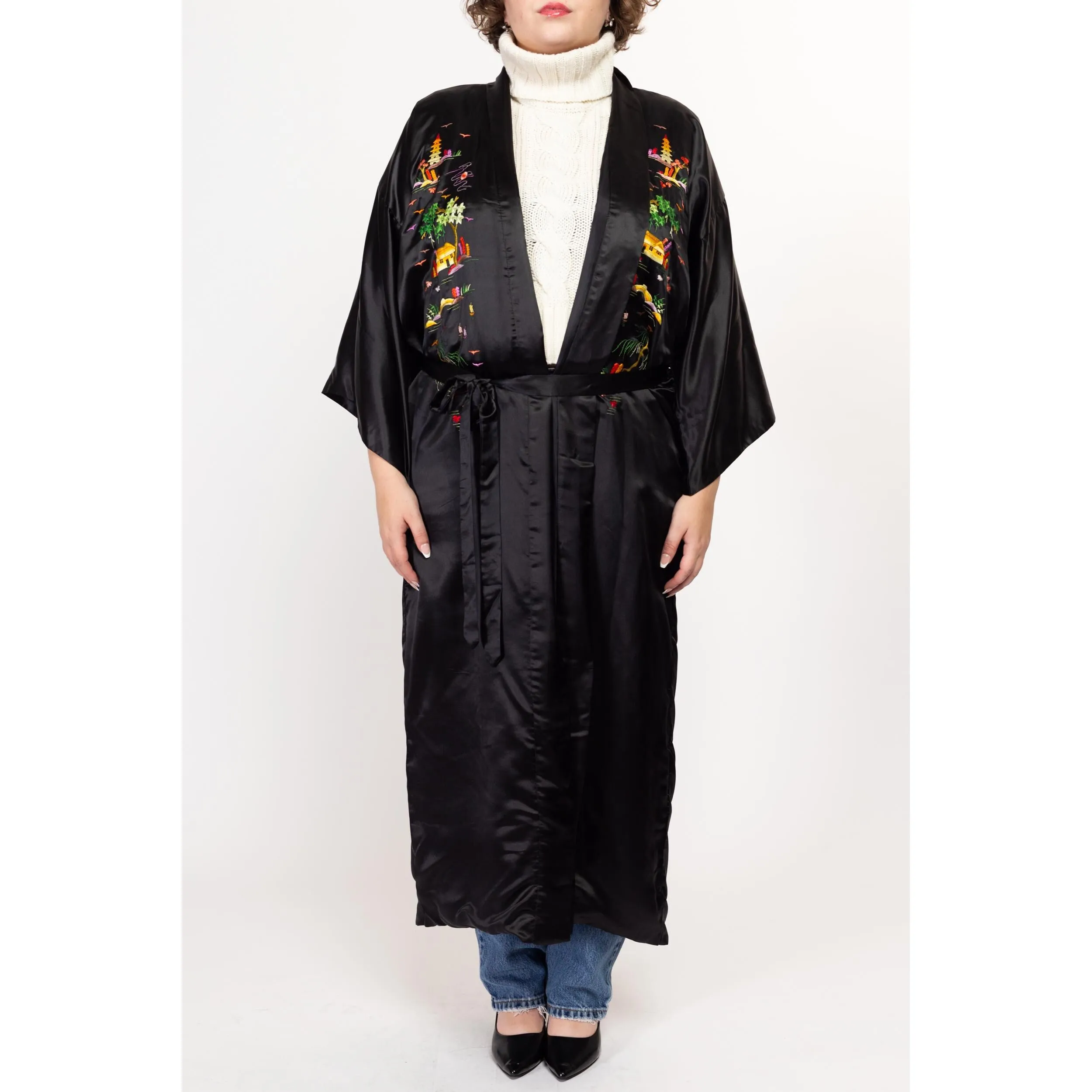 Large 70s 80s Black Silk Embroidered Chinese Robe