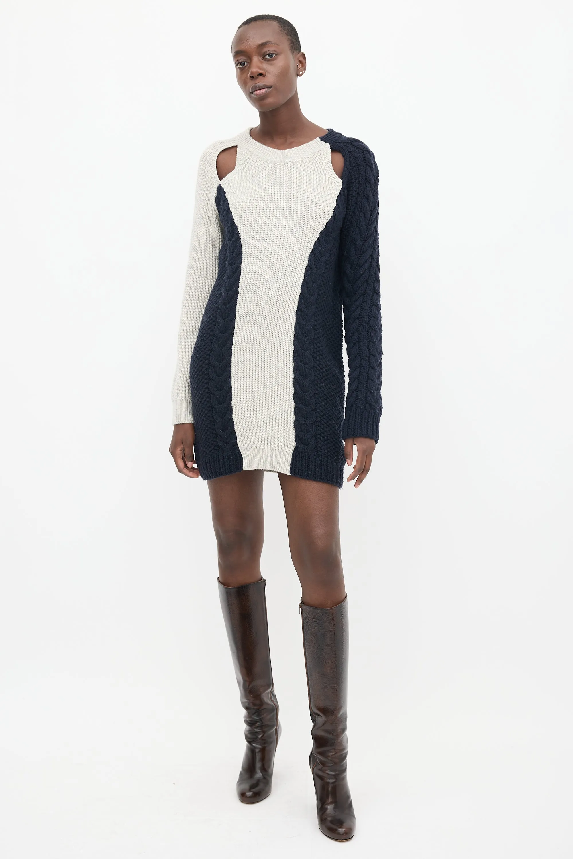 Light Grey & Navy Wool Asymmetric Sweater Dress