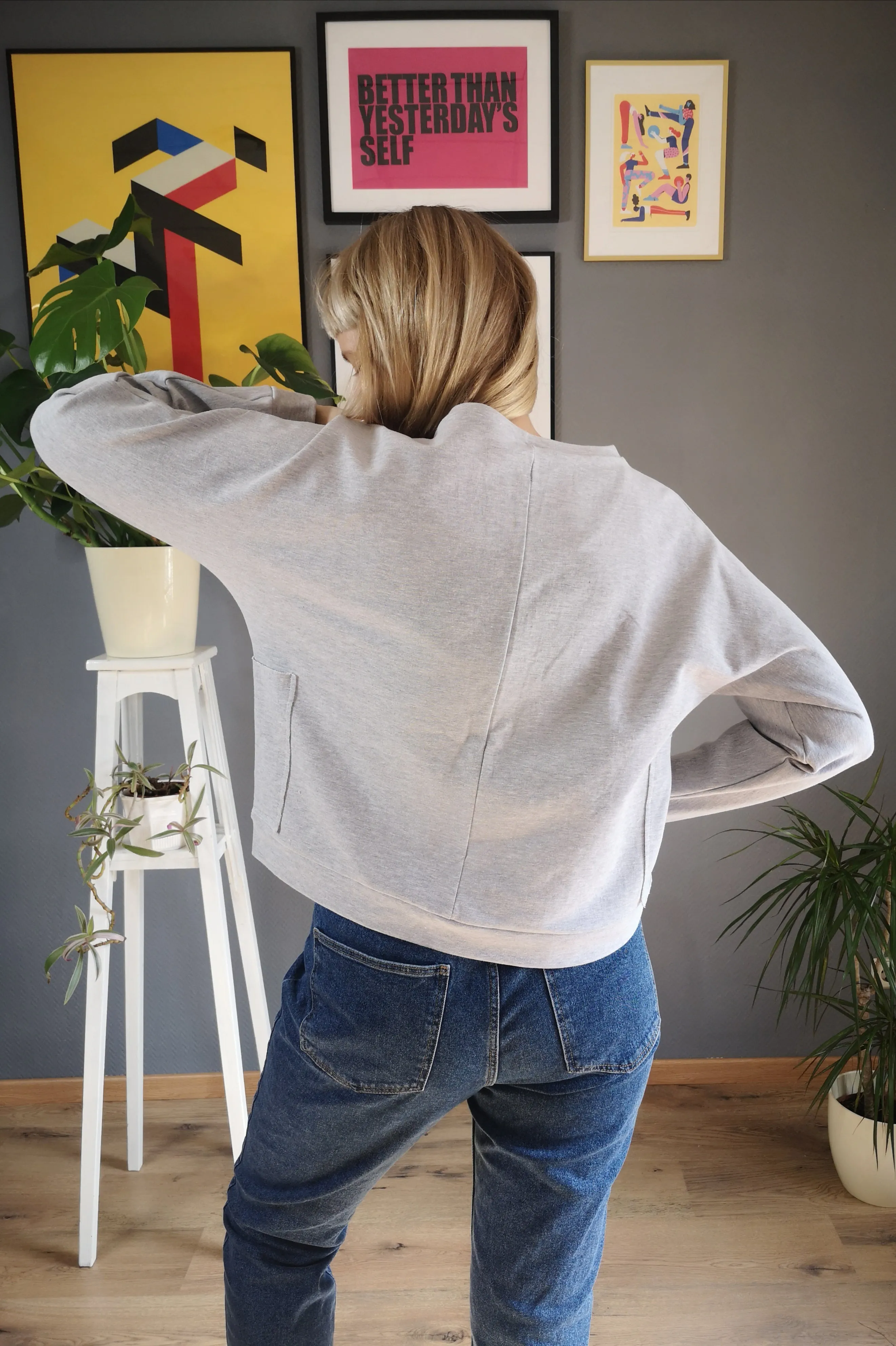 Light Grey Melange Cotton Cropped Sweatter with pockets and Hand Printed Cobalt Blue Lāčplēsene/ Heroine