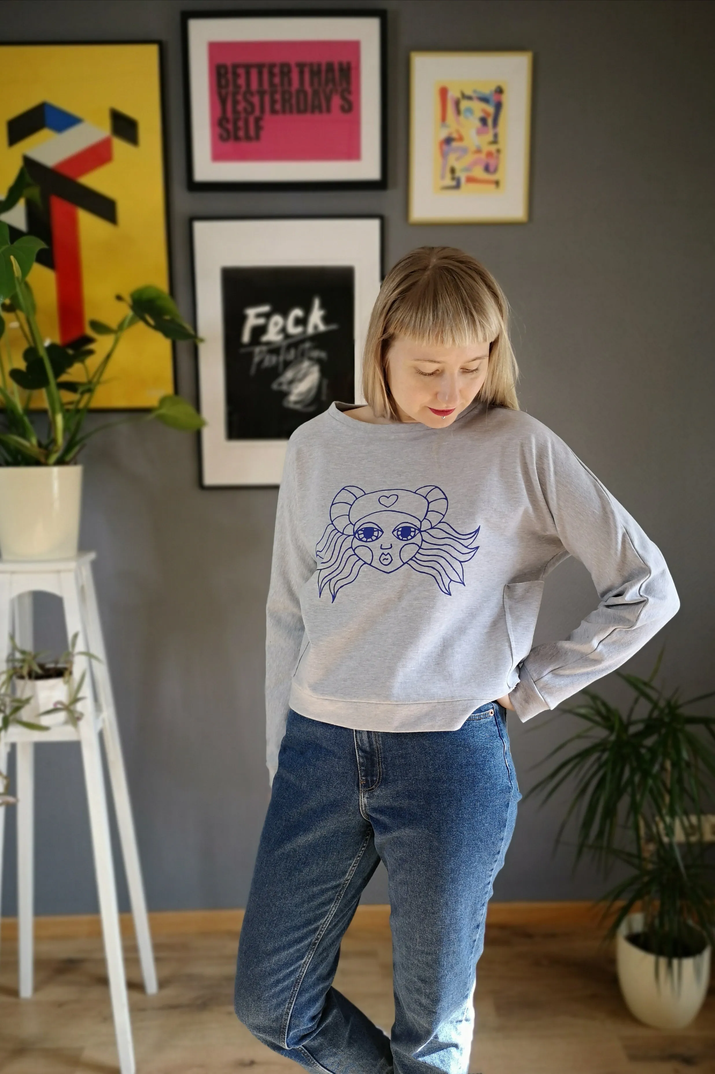 Light Grey Melange Cotton Cropped Sweatter with pockets and Hand Printed Cobalt Blue Lāčplēsene/ Heroine