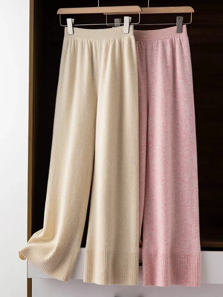 Loose Wool Winter Pants - Warm Knitted Wide Leg Pants for Women