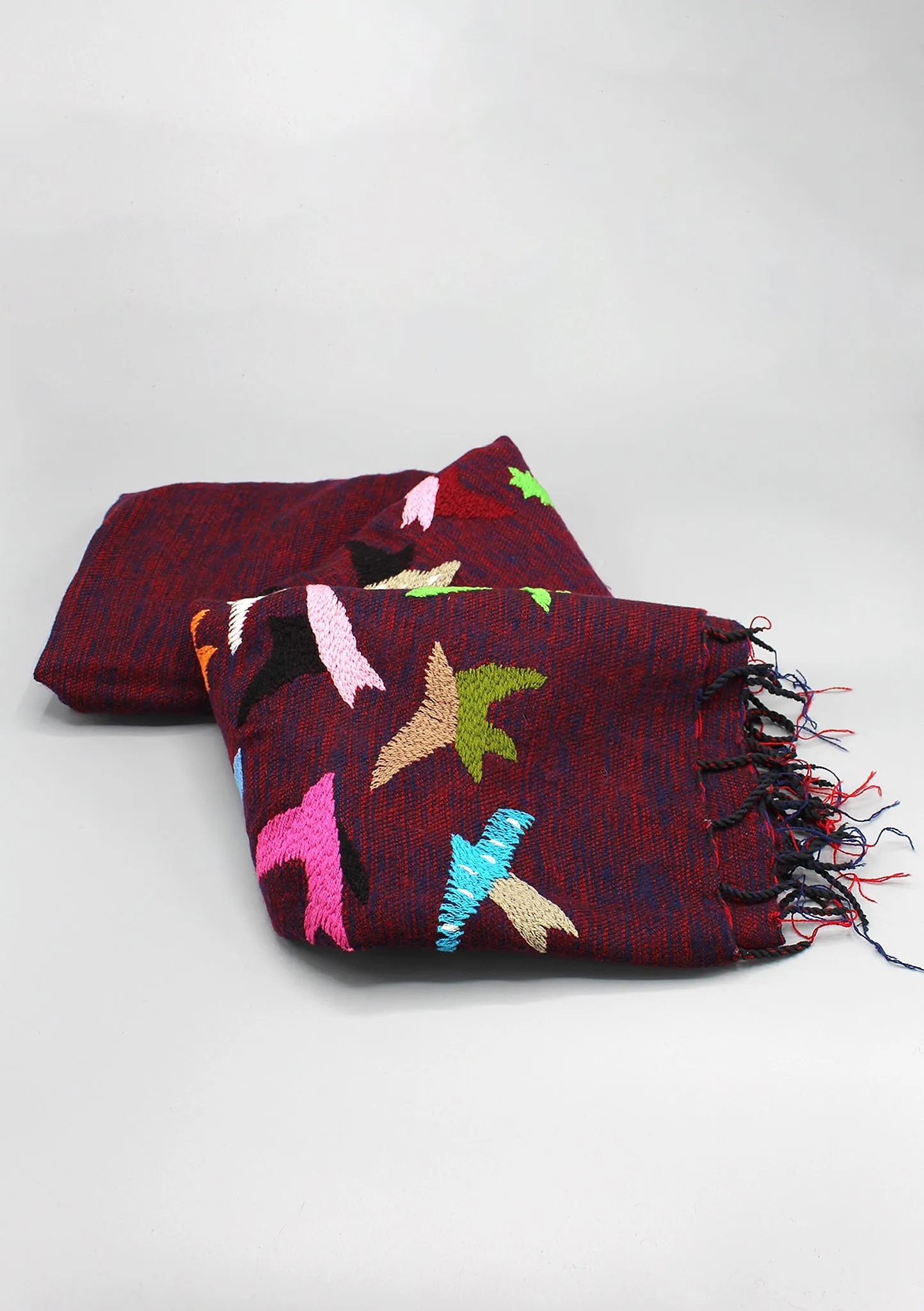 Maroon Arctic Antartica Circle Yak Wool Shawl with Arctic Birds Embroidery