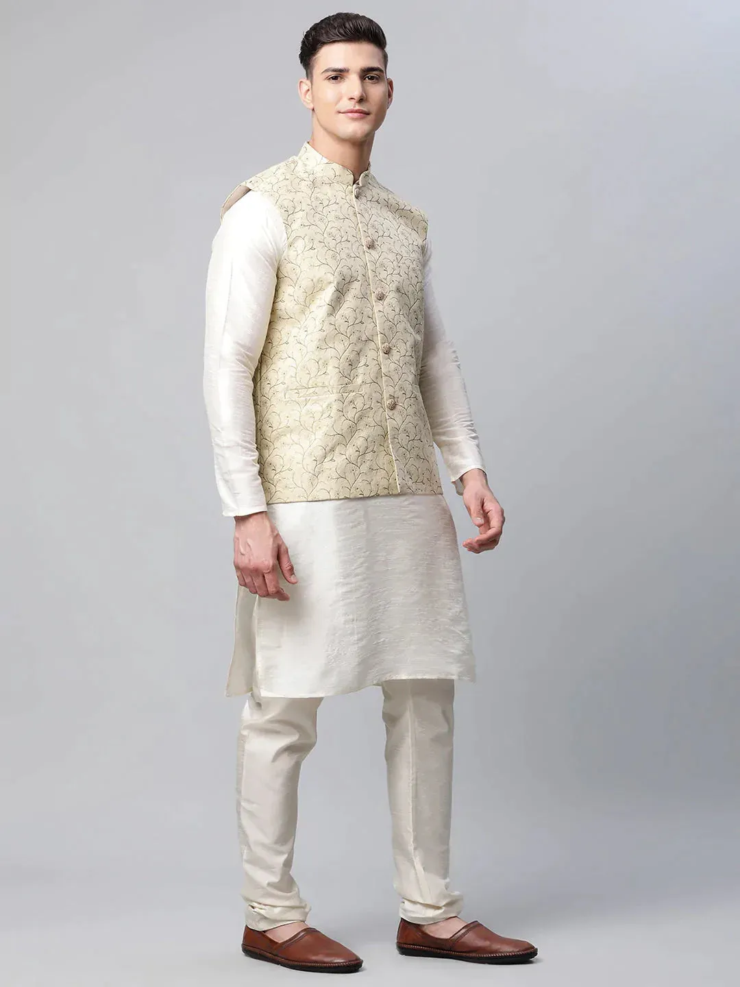 Men'S Beige Printed Textured Nehru Jacket