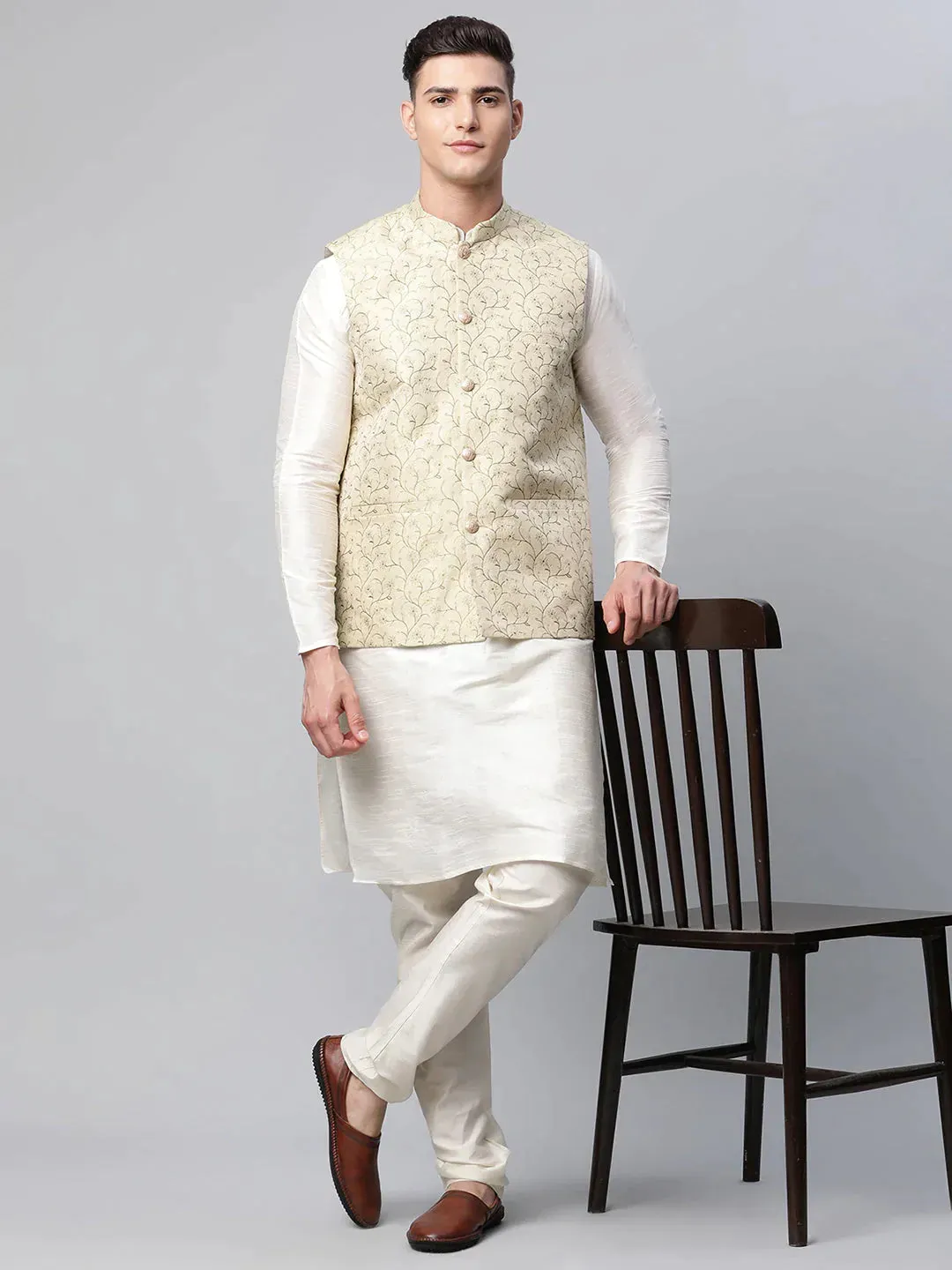 Men'S Beige Printed Textured Nehru Jacket