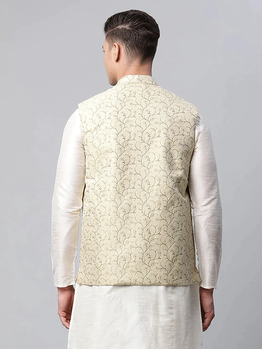 Men'S Beige Printed Textured Nehru Jacket