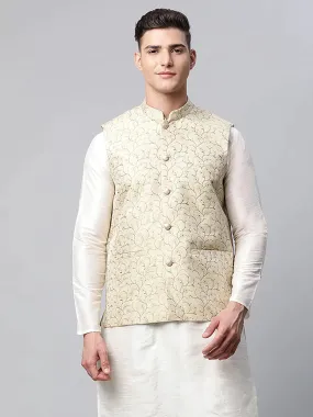 Men'S Beige Printed Textured Nehru Jacket