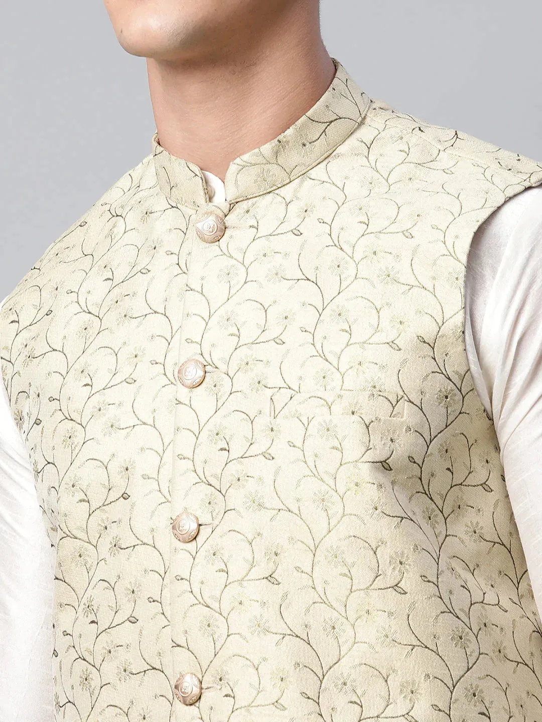 Men'S Beige Printed Textured Nehru Jacket