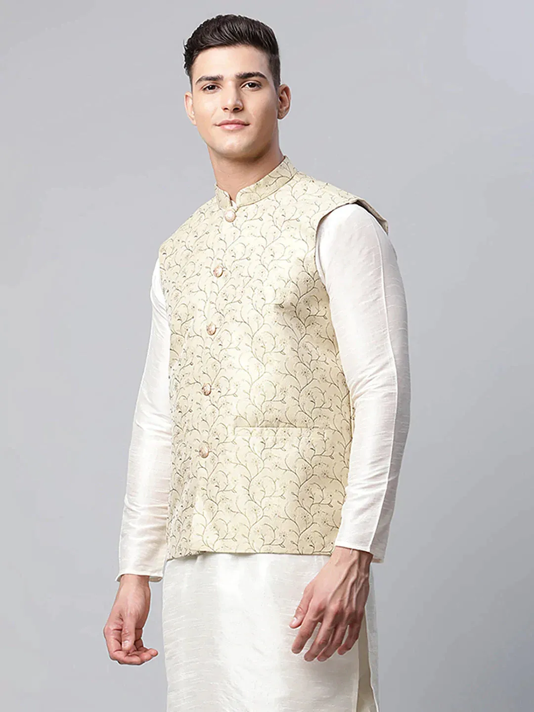 Men'S Beige Printed Textured Nehru Jacket