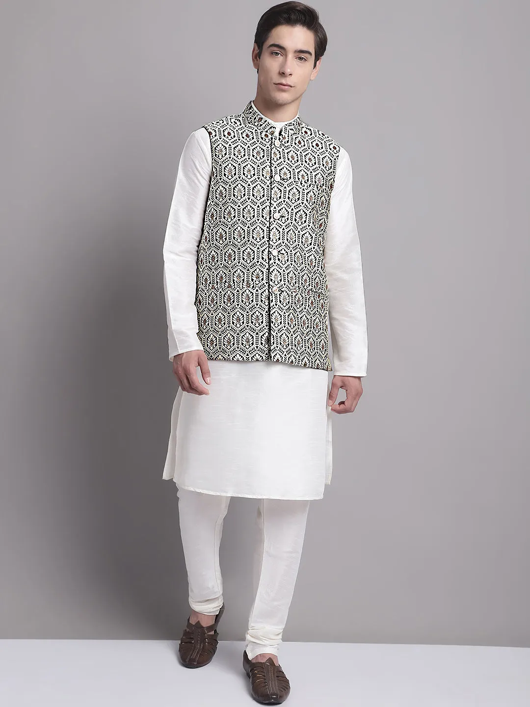 Men'S Black And Silver Woven Design Nehru Jacket