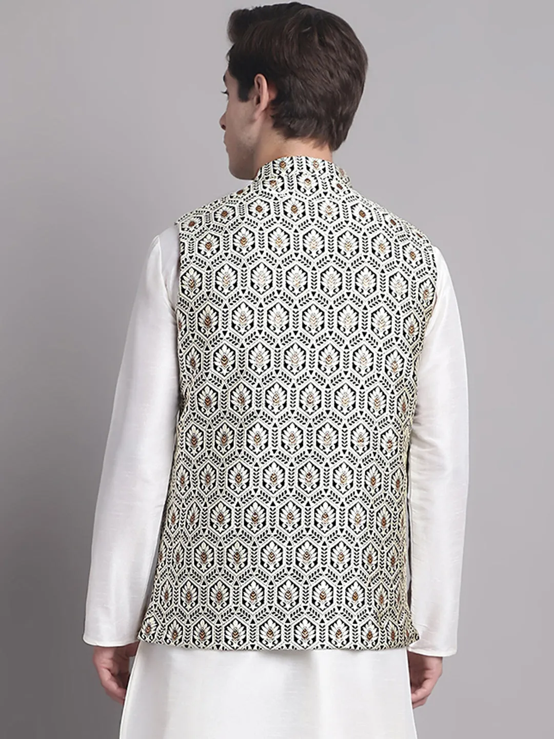 Men'S Black And Silver Woven Design Nehru Jacket