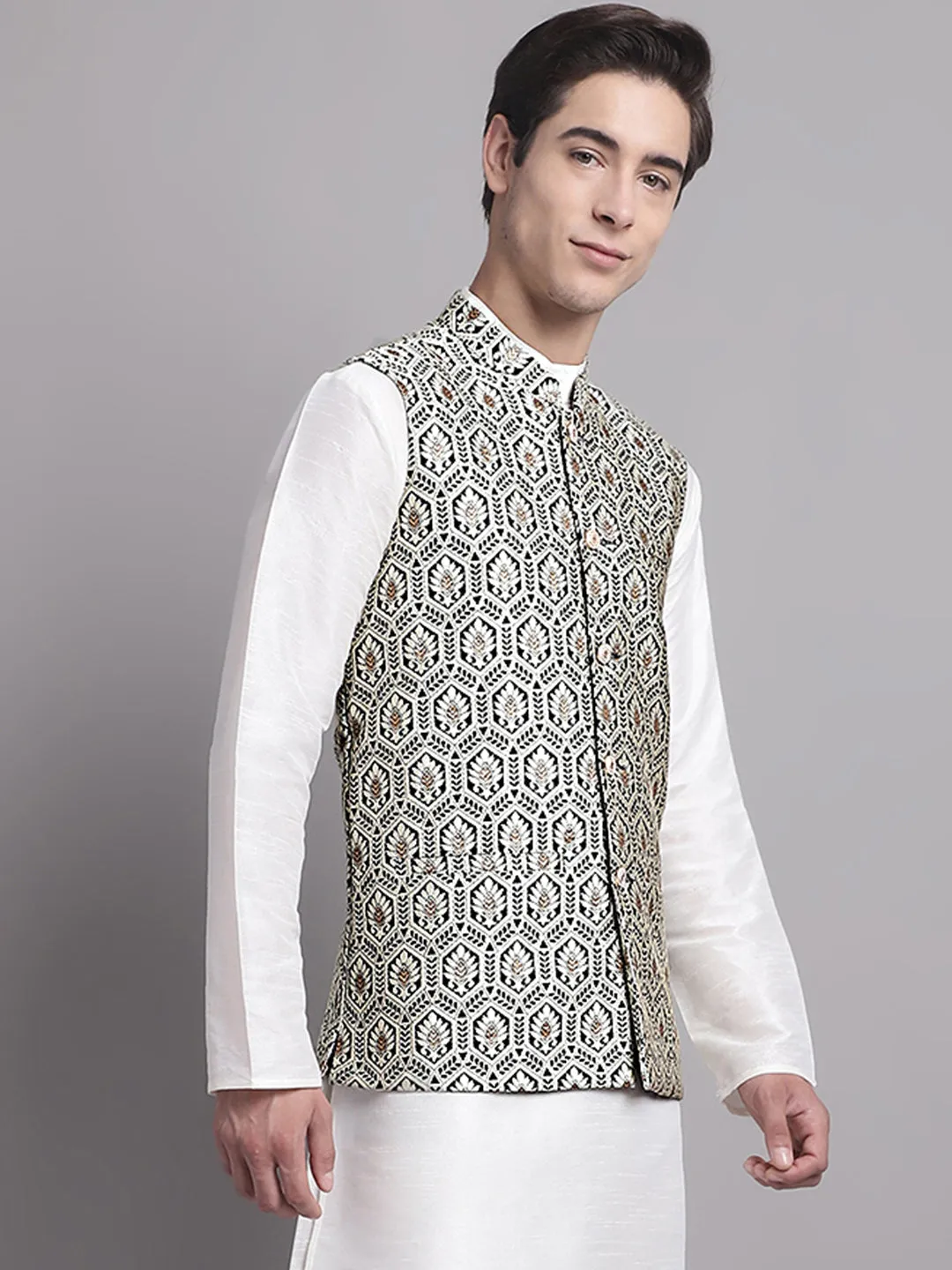 Men'S Black And Silver Woven Design Nehru Jacket