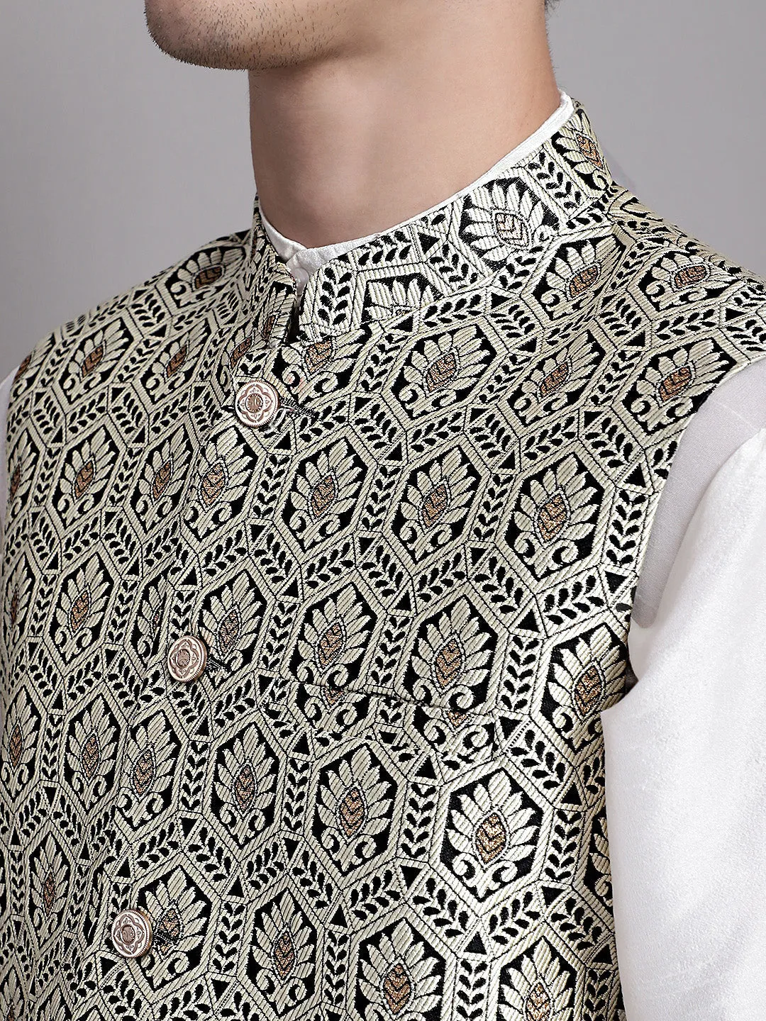 Men'S Black And Silver Woven Design Nehru Jacket