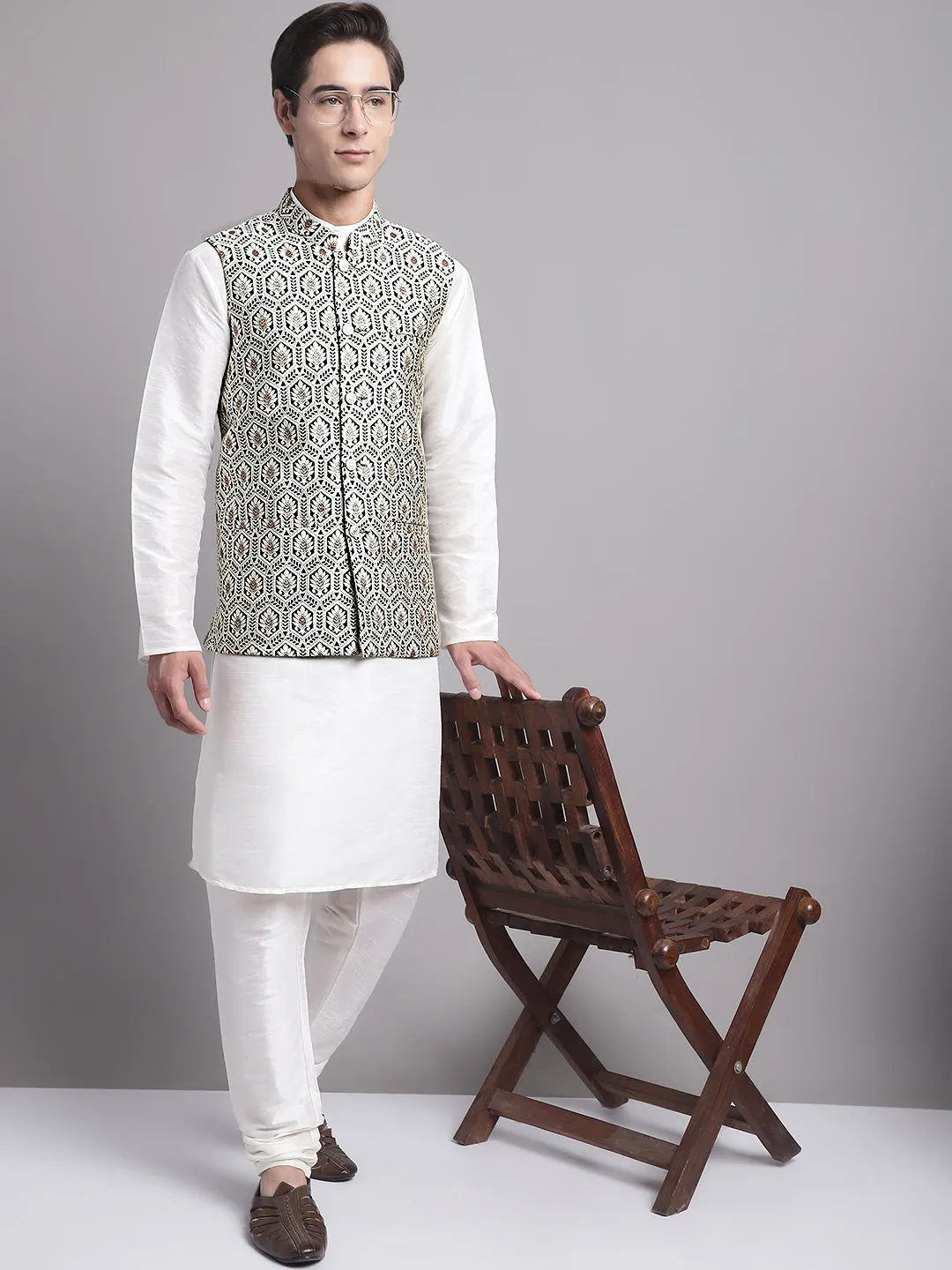 Men'S Black And Silver Woven Design Nehru Jacket