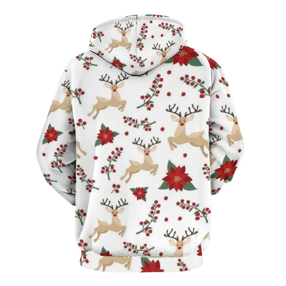 Mens Christmas Reindeer Graphic Pullover With Kangaroo Pocket Hoodies