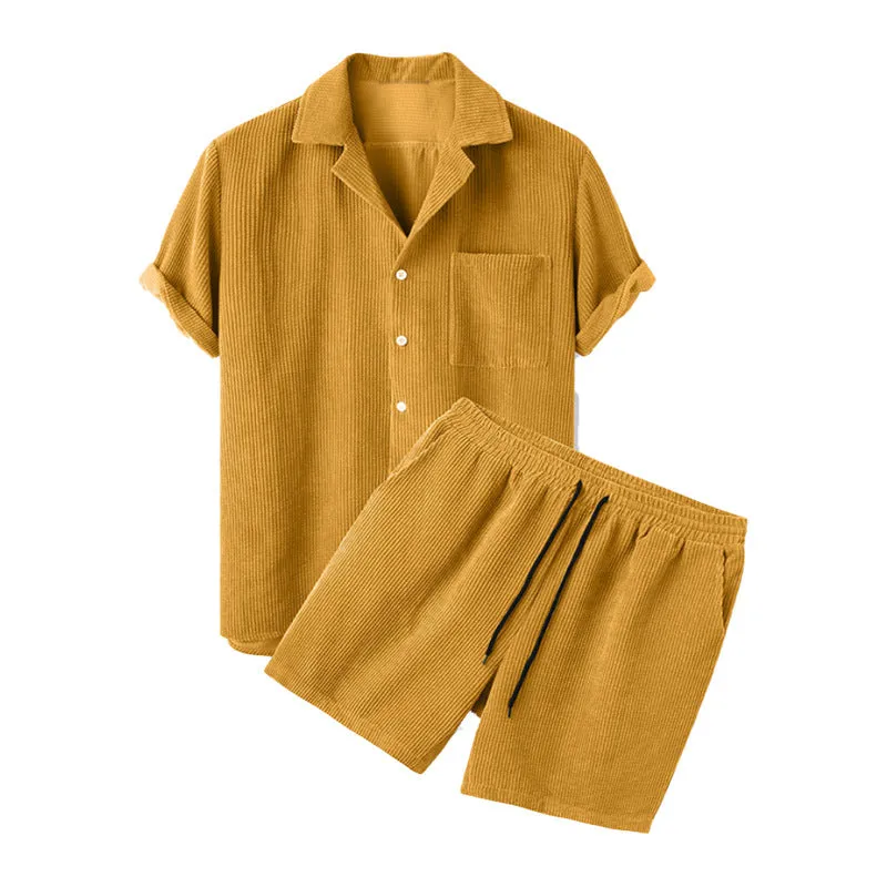 Men's Corduroy Shirt & Shorts Two-Piece Set