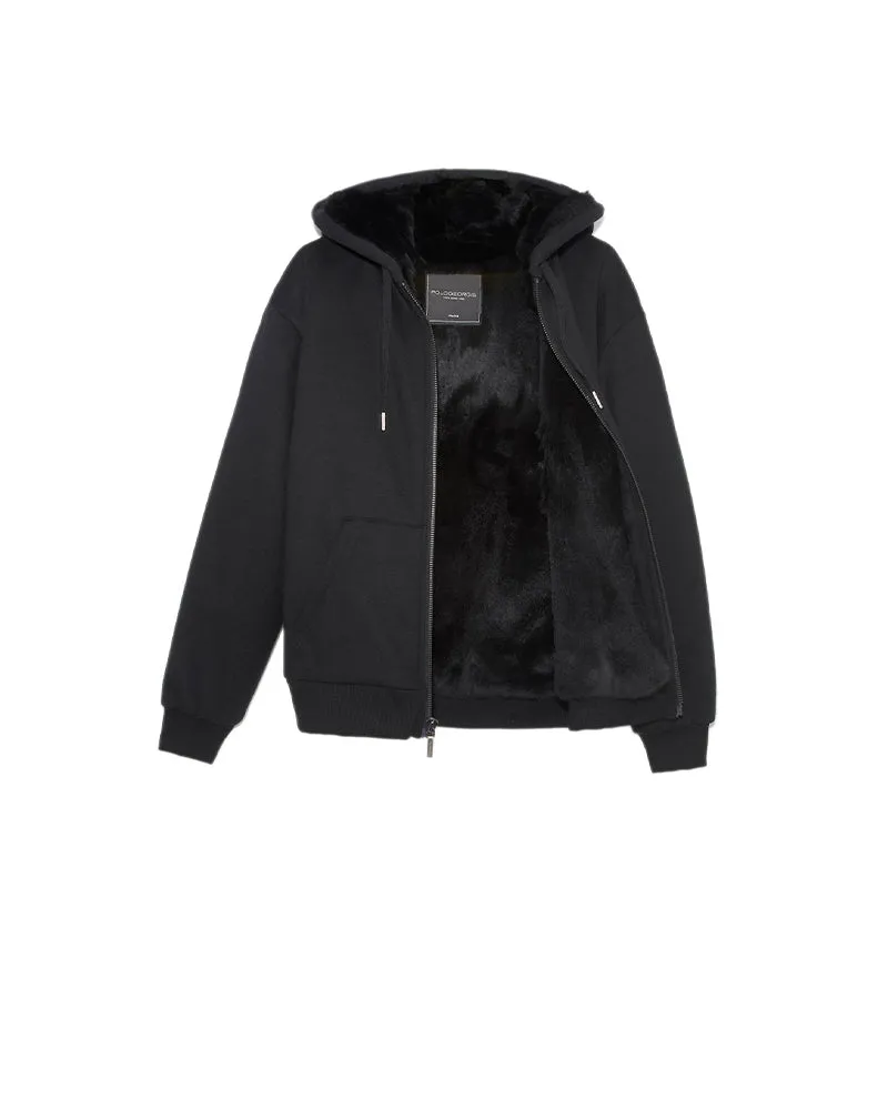 Men's Fur Lined Hooded Zip Sweatshirt in Black