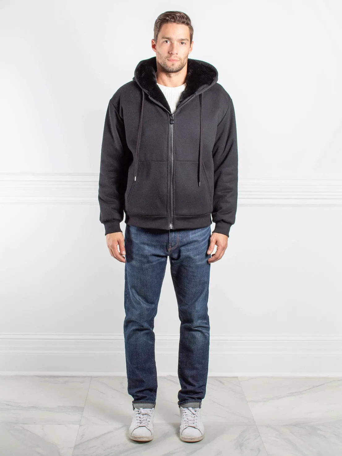 Men's Fur Lined Hooded Zip Sweatshirt in Black