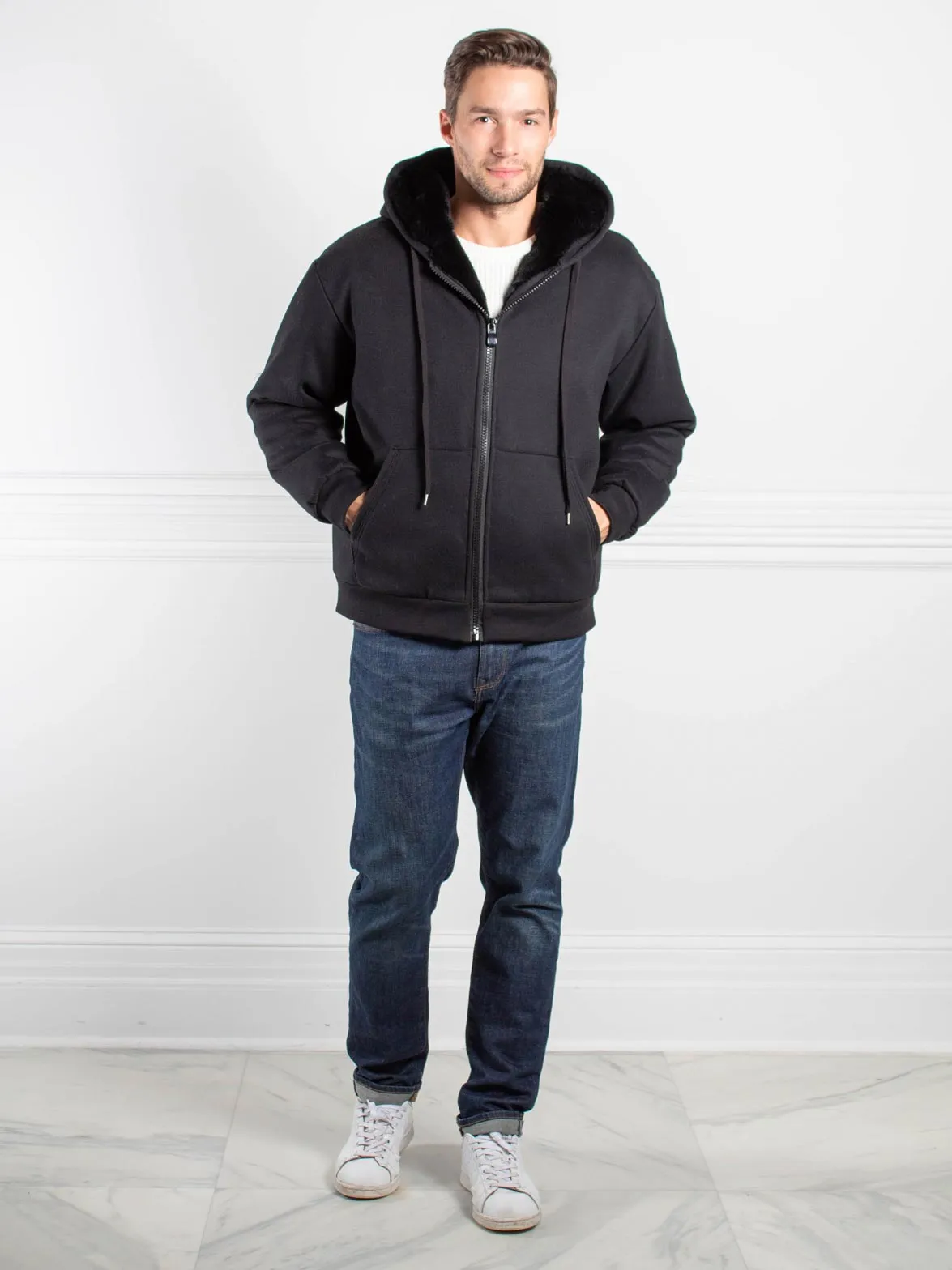 Men's Fur Lined Hooded Zip Sweatshirt in Black