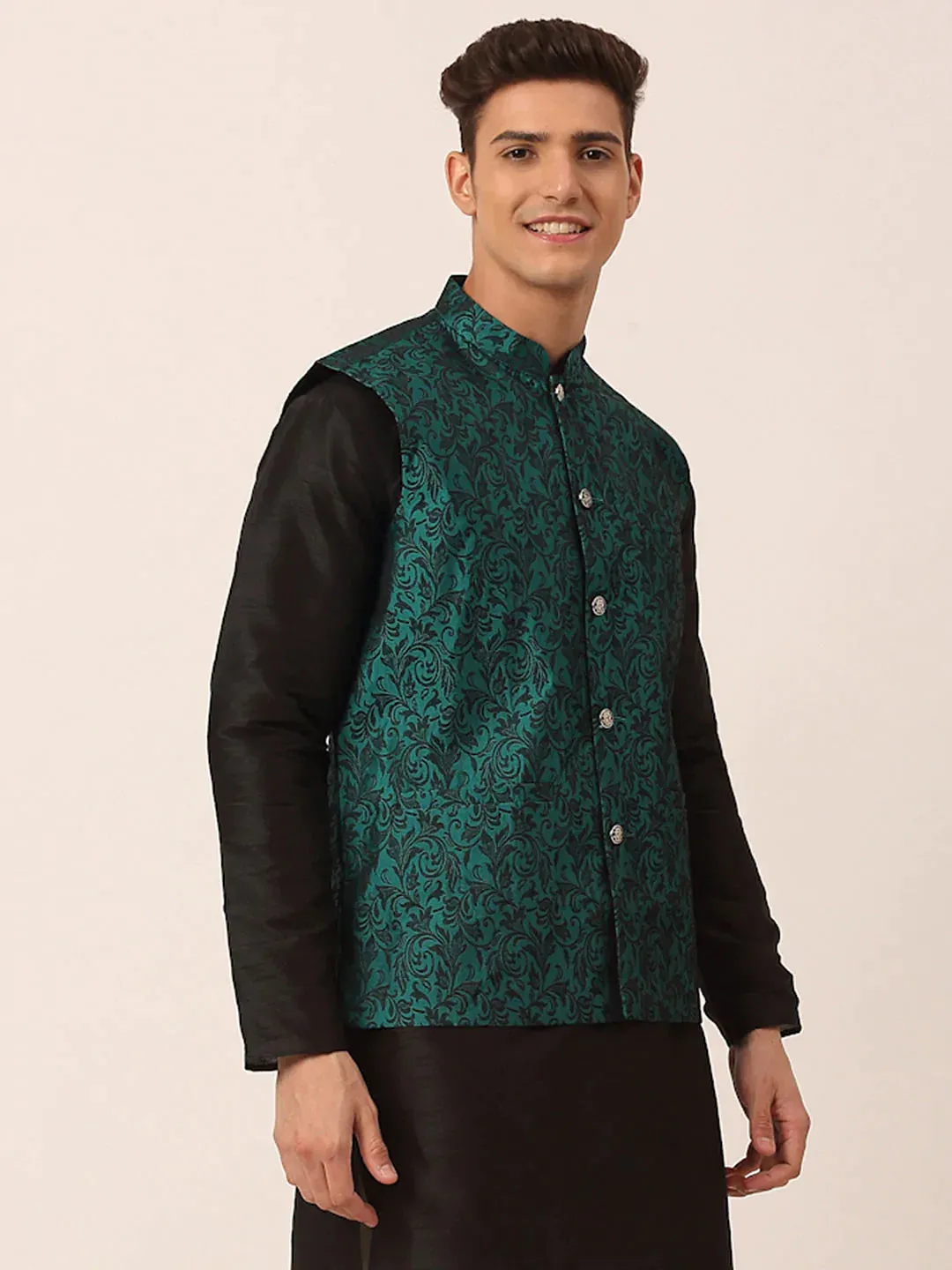 Men'S Green Woven Design Nehru Jacket.