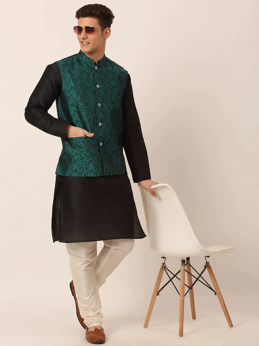 Men'S Green Woven Design Nehru Jacket.