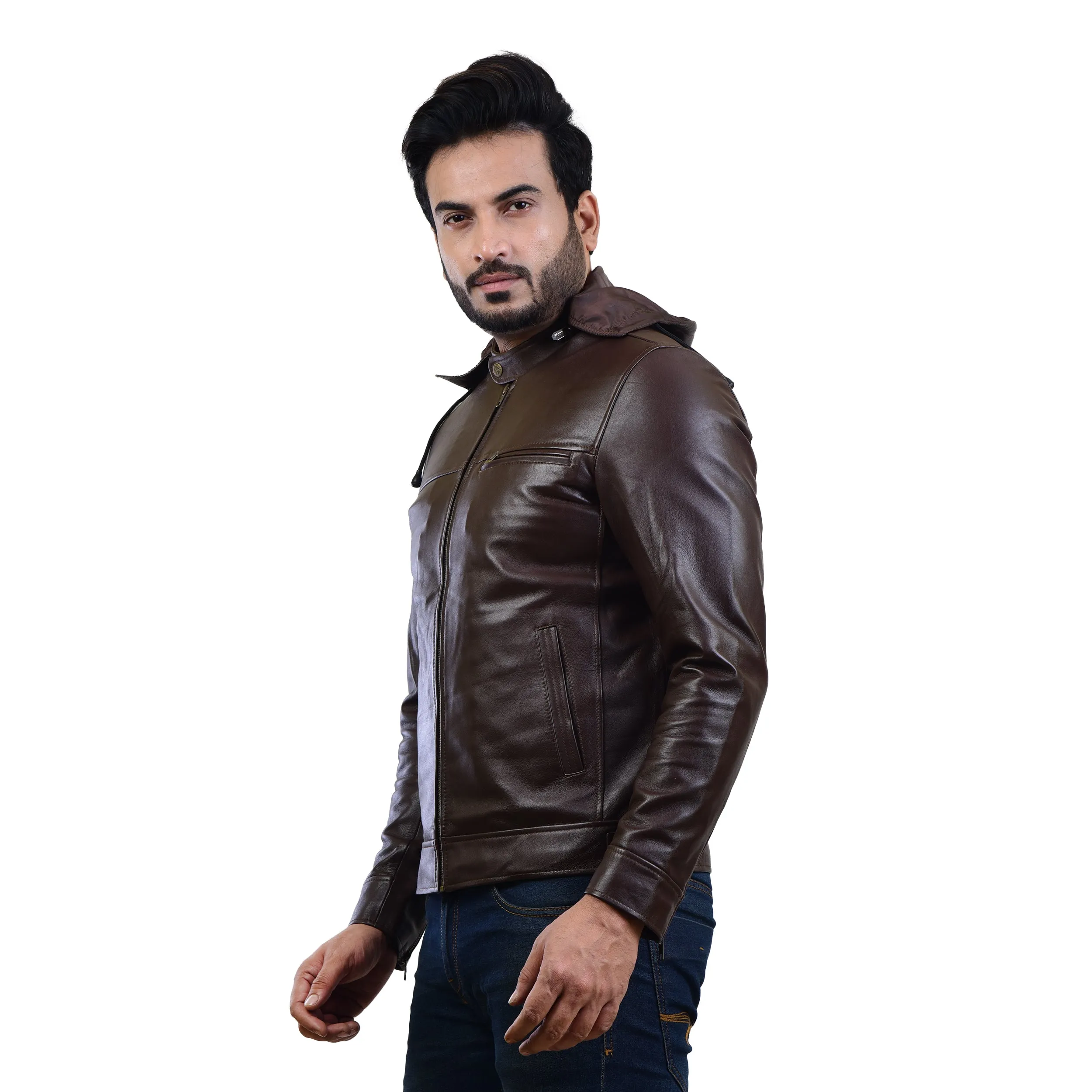 MENS LEATHER HOODED JACKET 410139(BROWN)