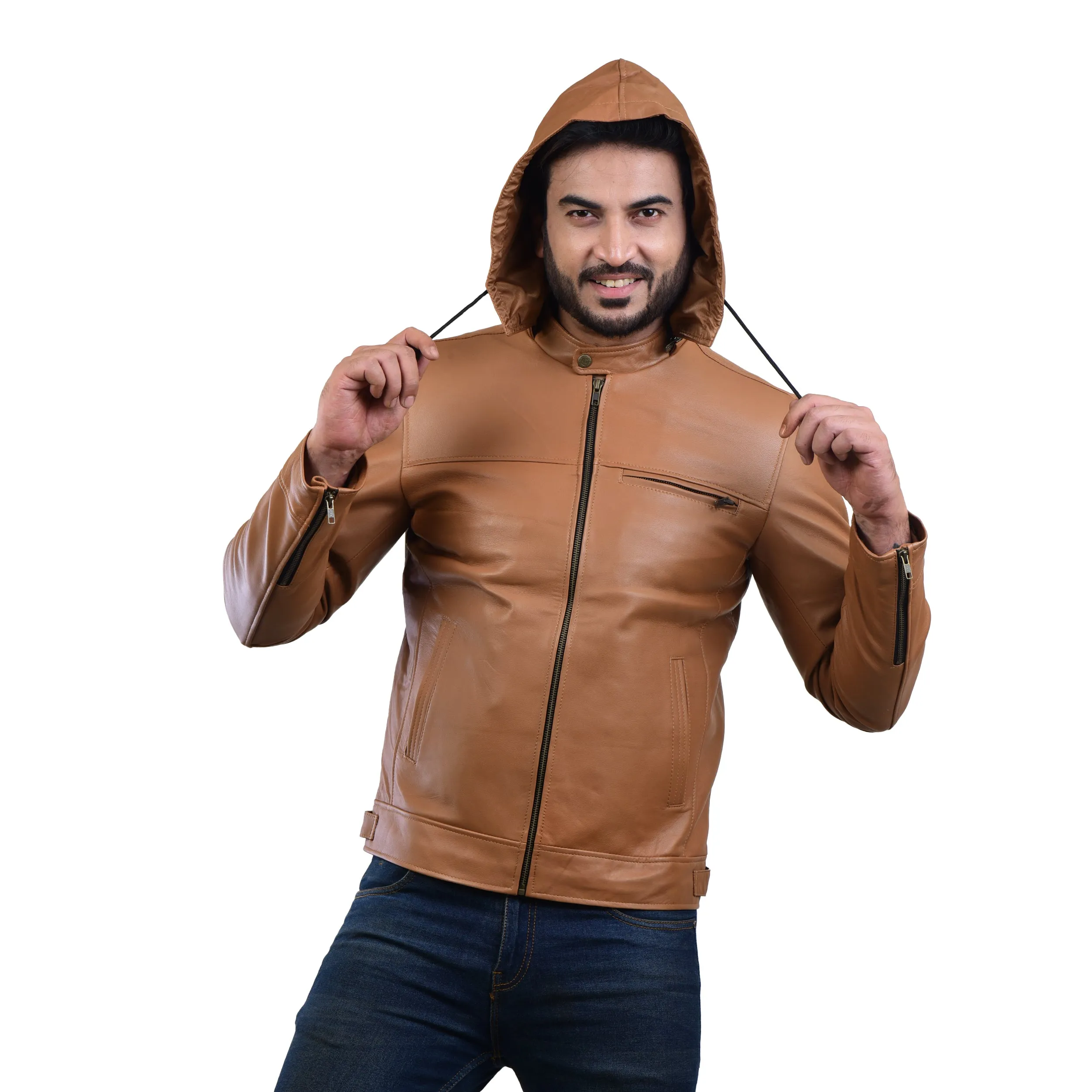 MENS LEATHER HOODED JACKET 410139(TAN)