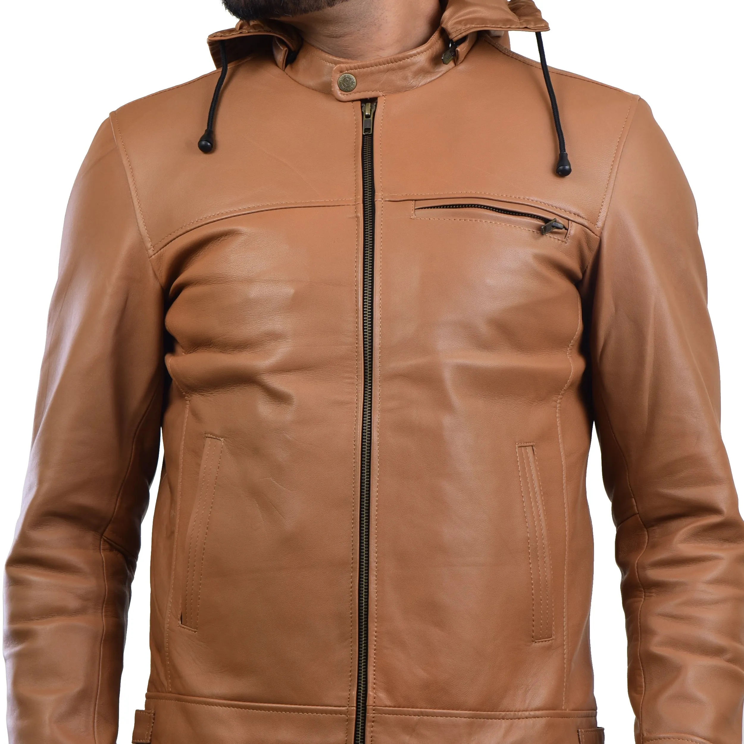 MENS LEATHER HOODED JACKET 410139(TAN)