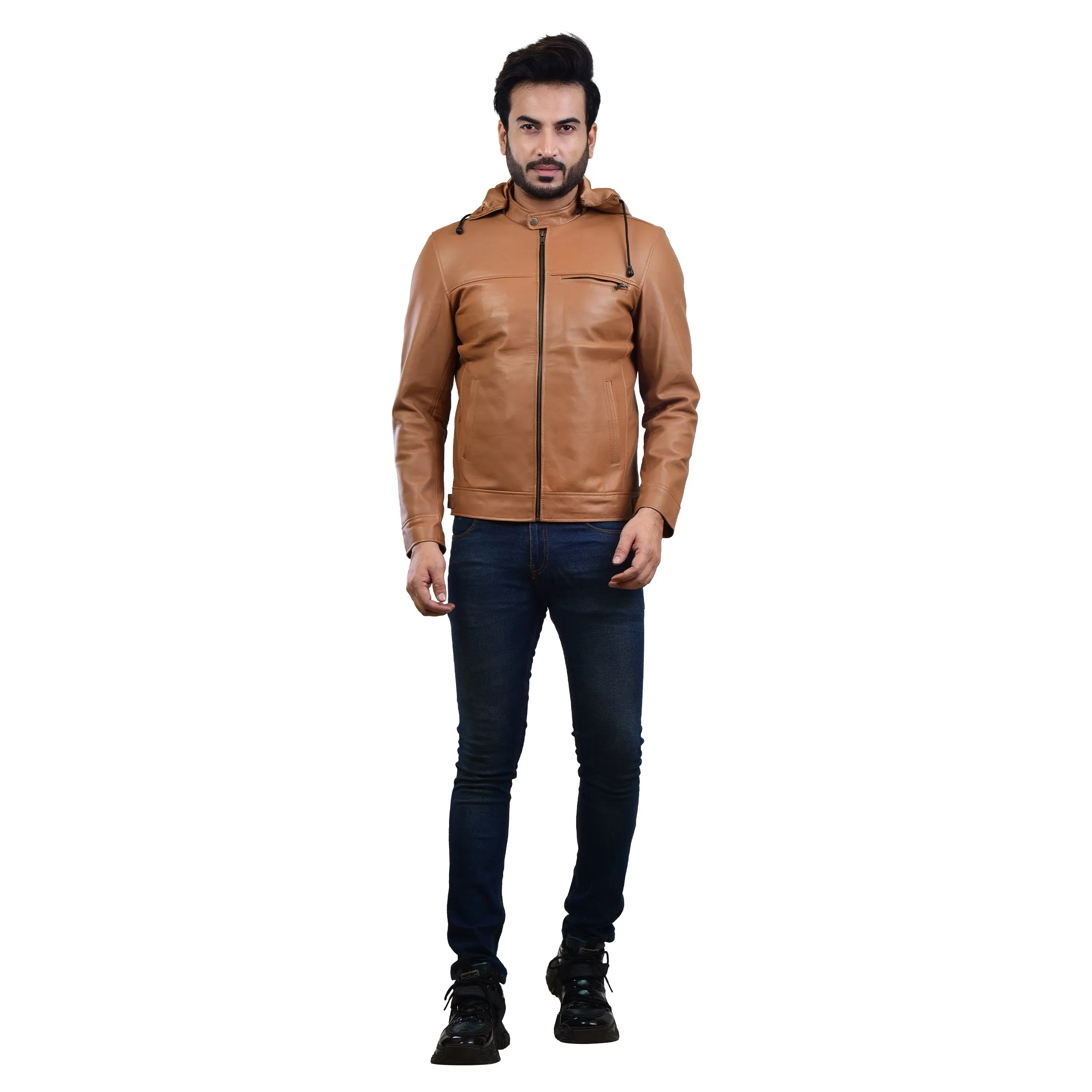 MENS LEATHER HOODED JACKET 410139(TAN)