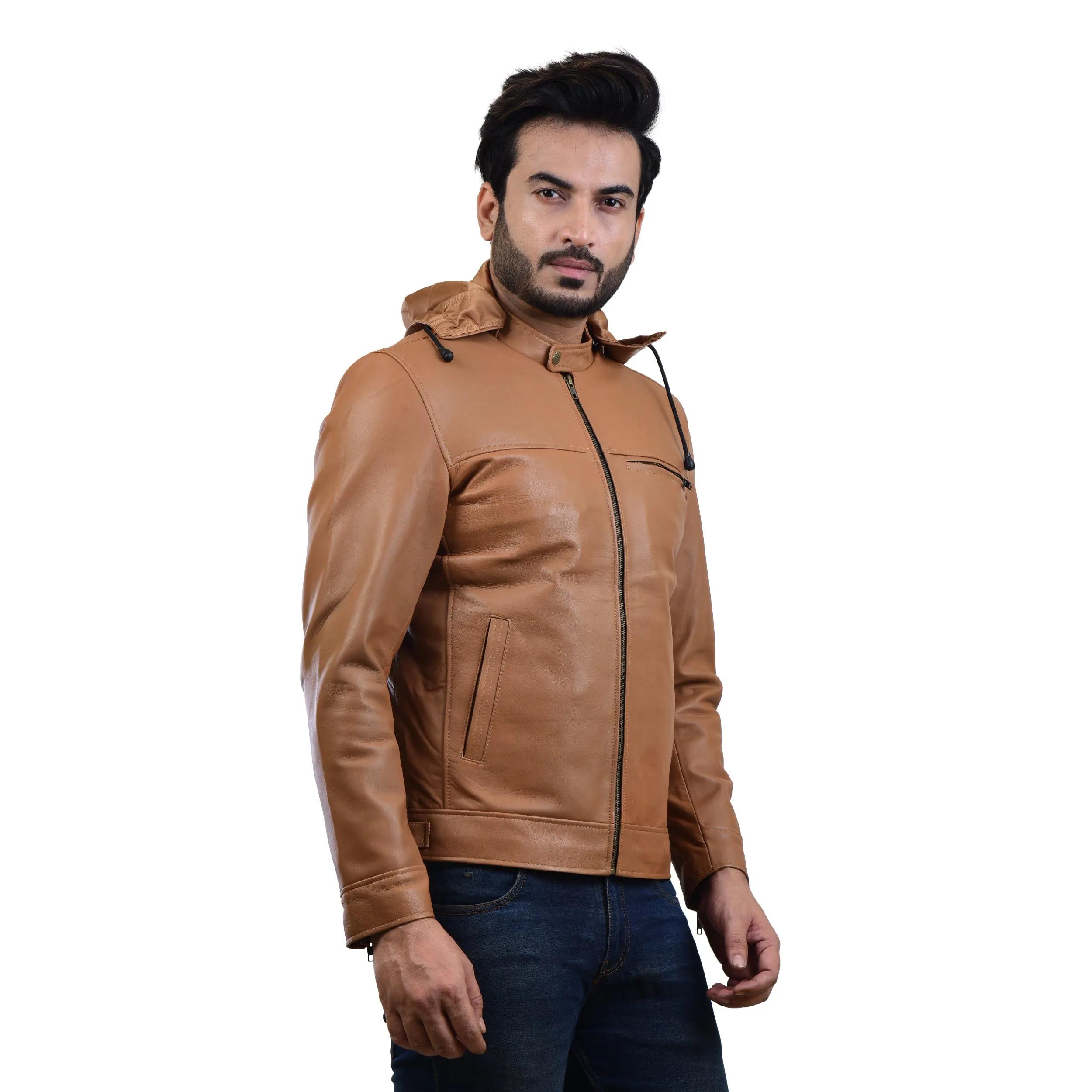 MENS LEATHER HOODED JACKET 410139(TAN)