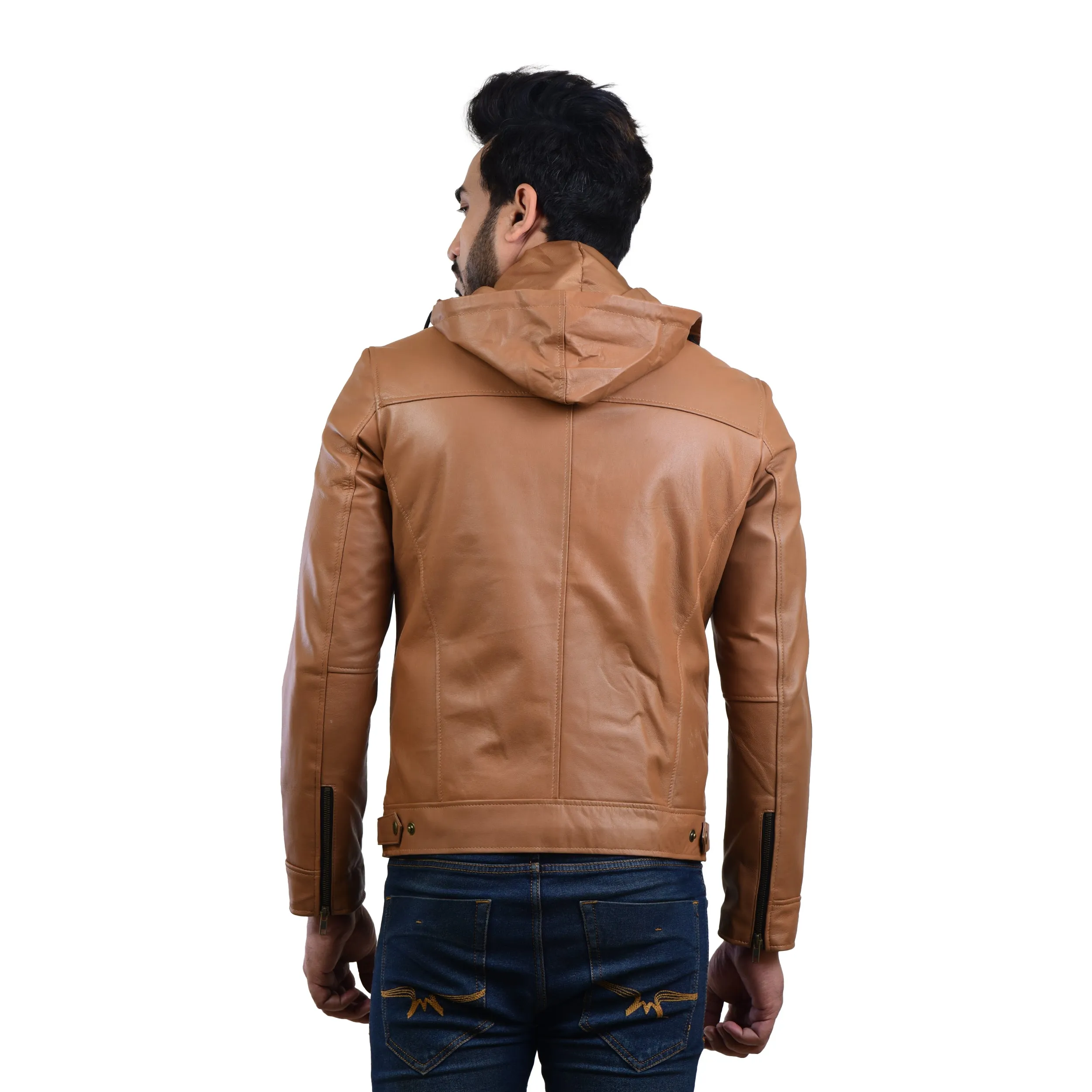 MENS LEATHER HOODED JACKET 410139(TAN)