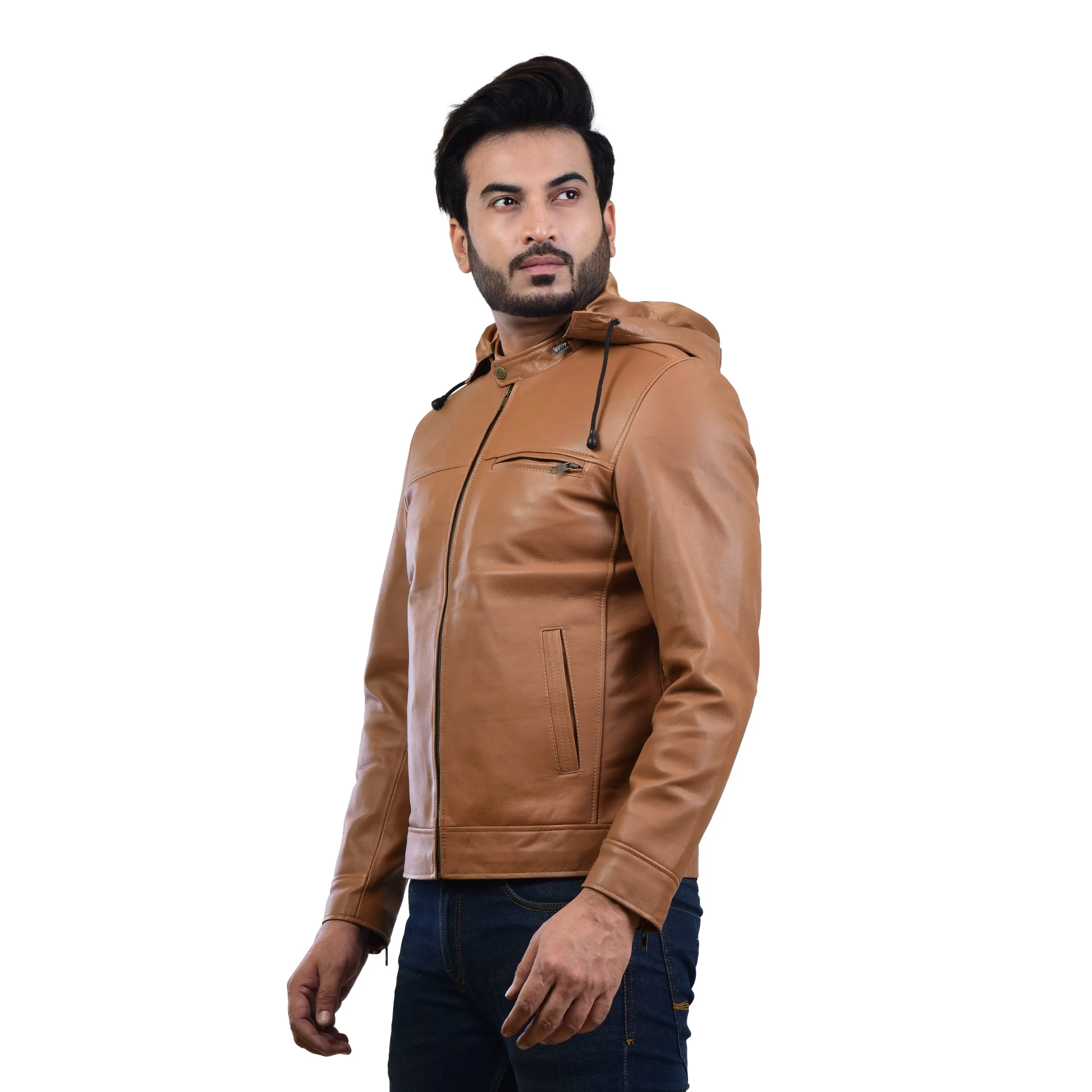 MENS LEATHER HOODED JACKET 410139(TAN)