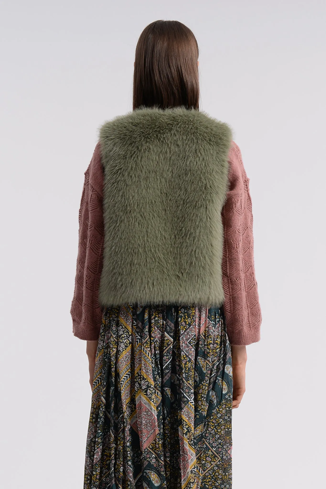 Molly Bracken Licheen Green Faux Fur Sleeveless Gilet