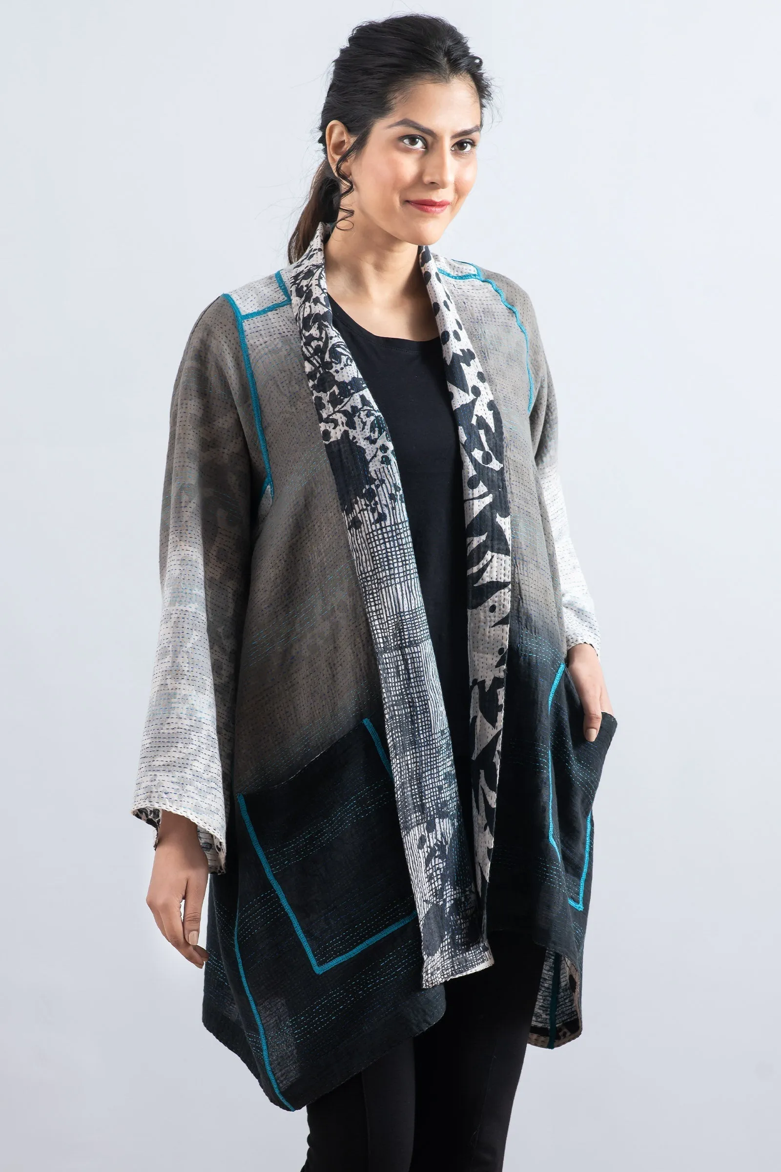 MONOTONE TWILIGHT PRINT KANTHA A-LINE JKT - tp2003-wht -