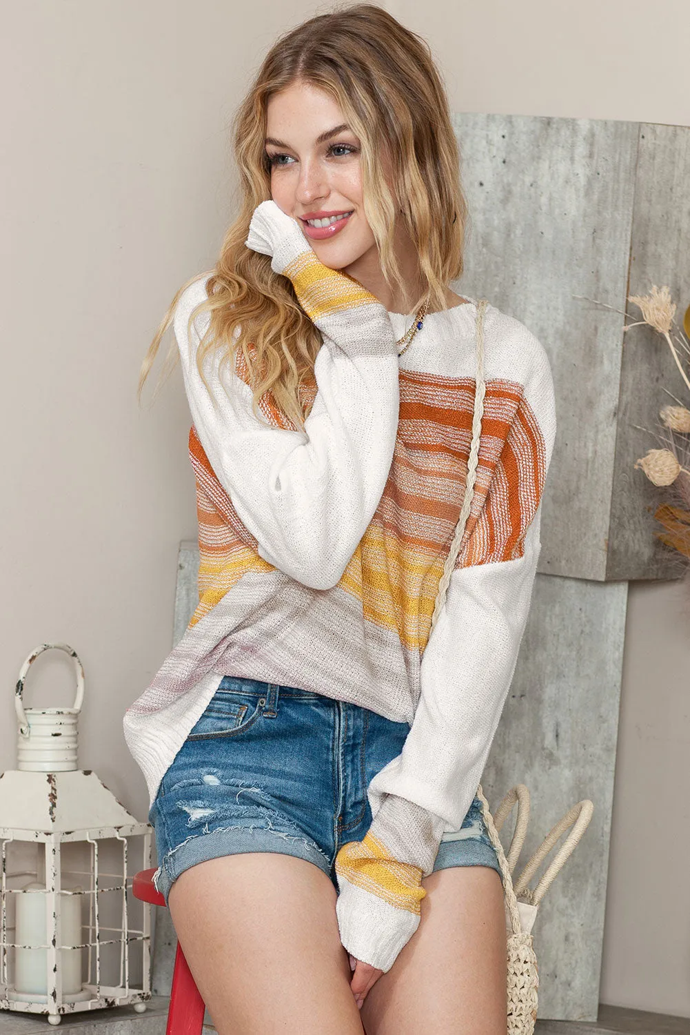 Multicolor Knitted Long Sleeve Pullover Striped Sweater