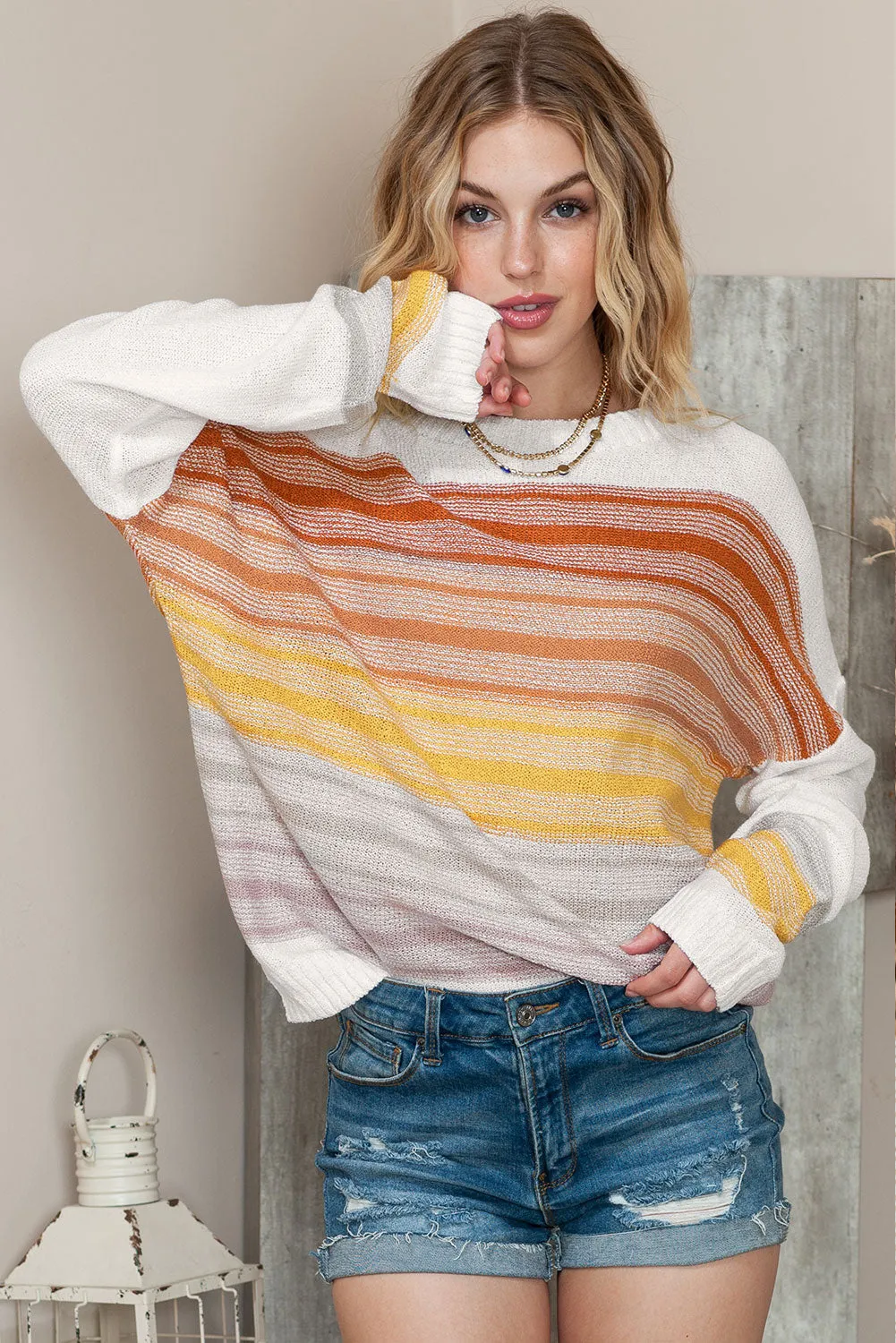 Multicolor Knitted Long Sleeve Pullover Striped Sweater