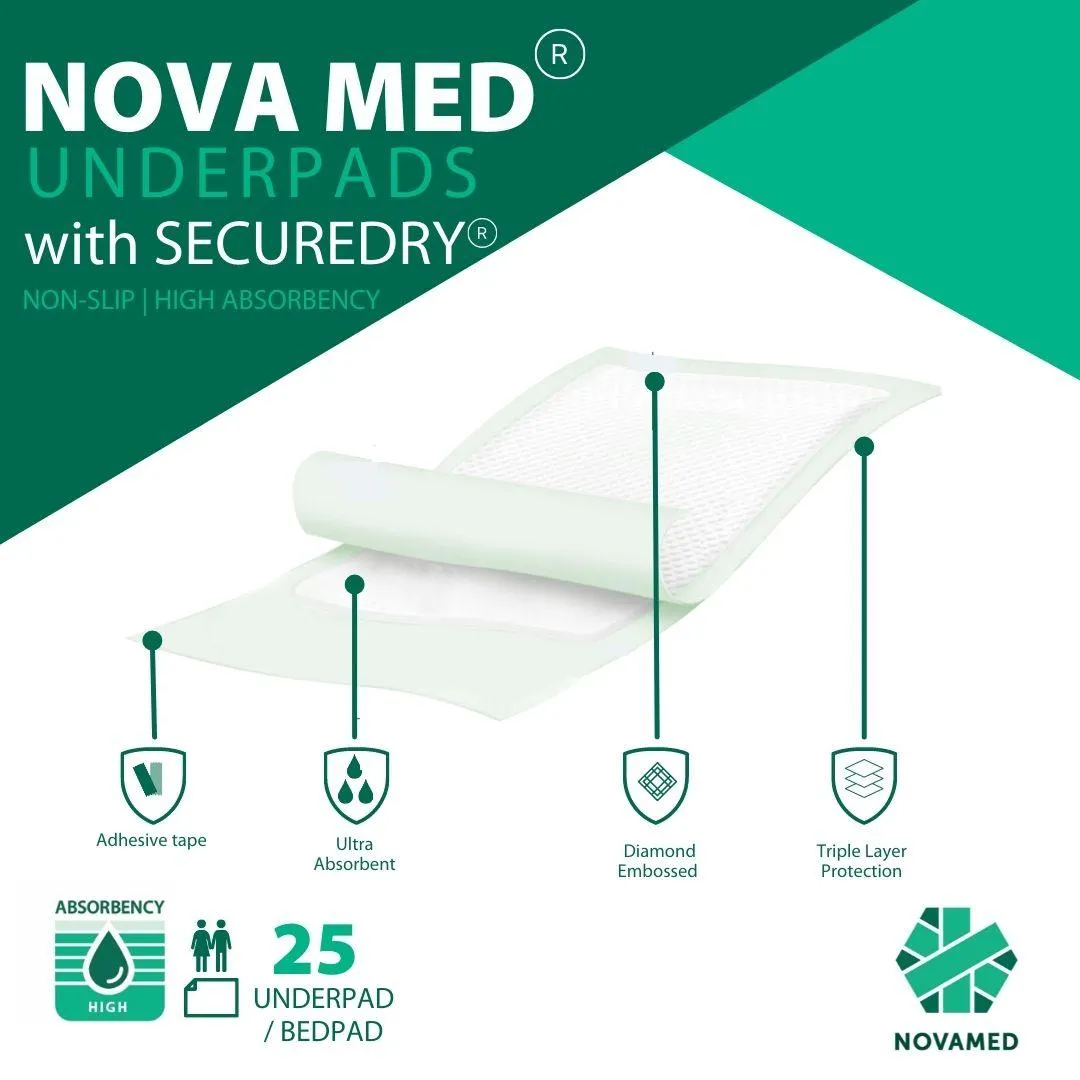 Novamed Incontinence Disposable Bed Pads, Underpads with adhesive tapes - 60x90 cm