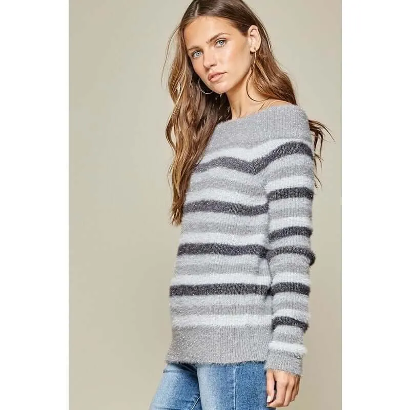 Off the Shoulder Striped Colorblock Sweater