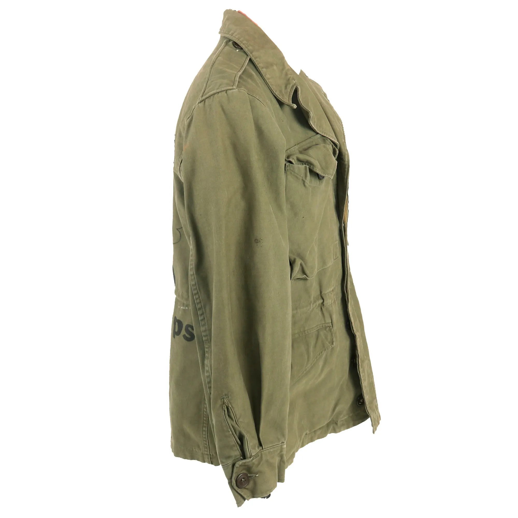 Original U.S. WWII M43 Field Jacket Korean War Used and Personalized by II Armored Corps Member - Size 34S