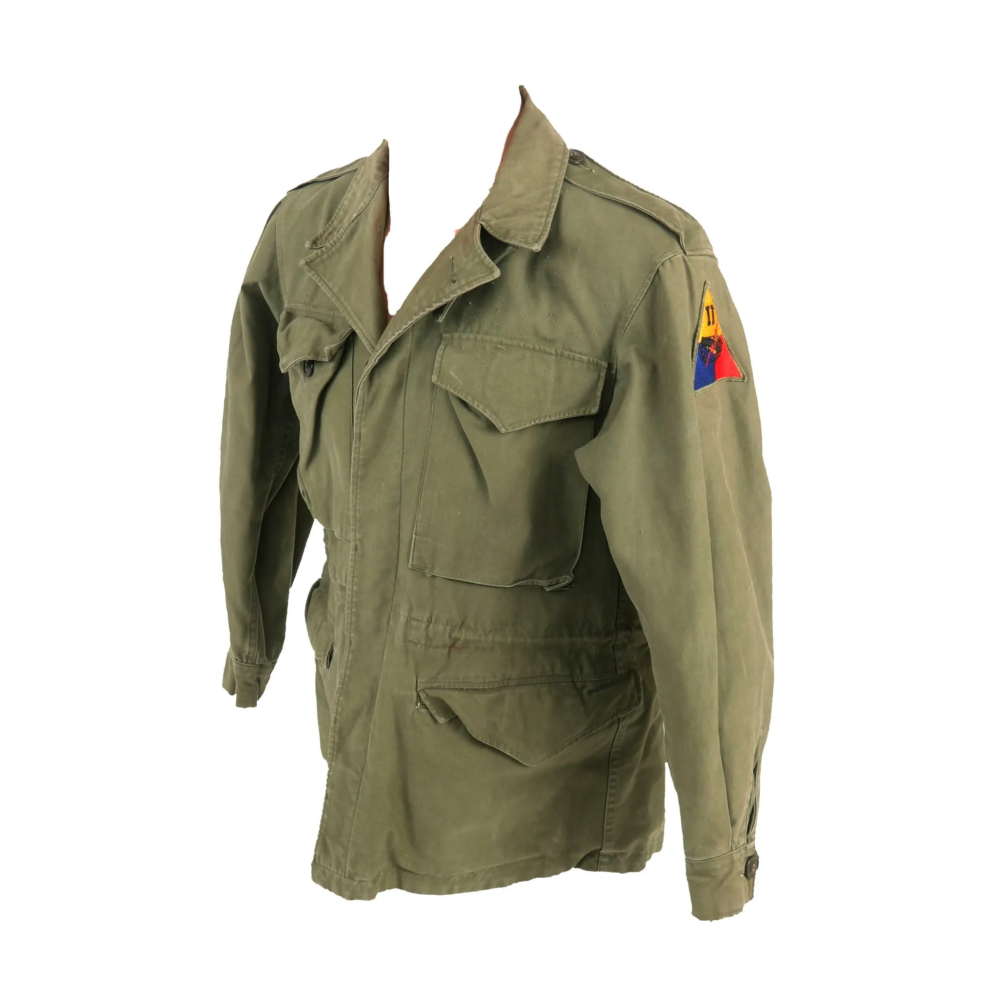 Original U.S. WWII M43 Field Jacket Korean War Used and Personalized by II Armored Corps Member - Size 34S