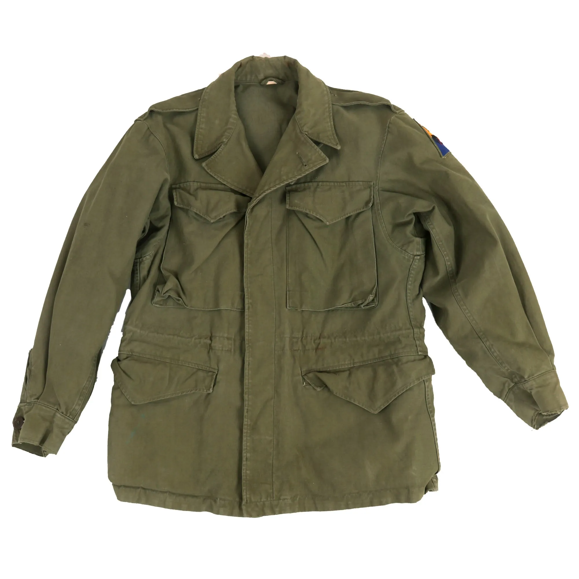 Original U.S. WWII M43 Field Jacket Korean War Used and Personalized by II Armored Corps Member - Size 34S