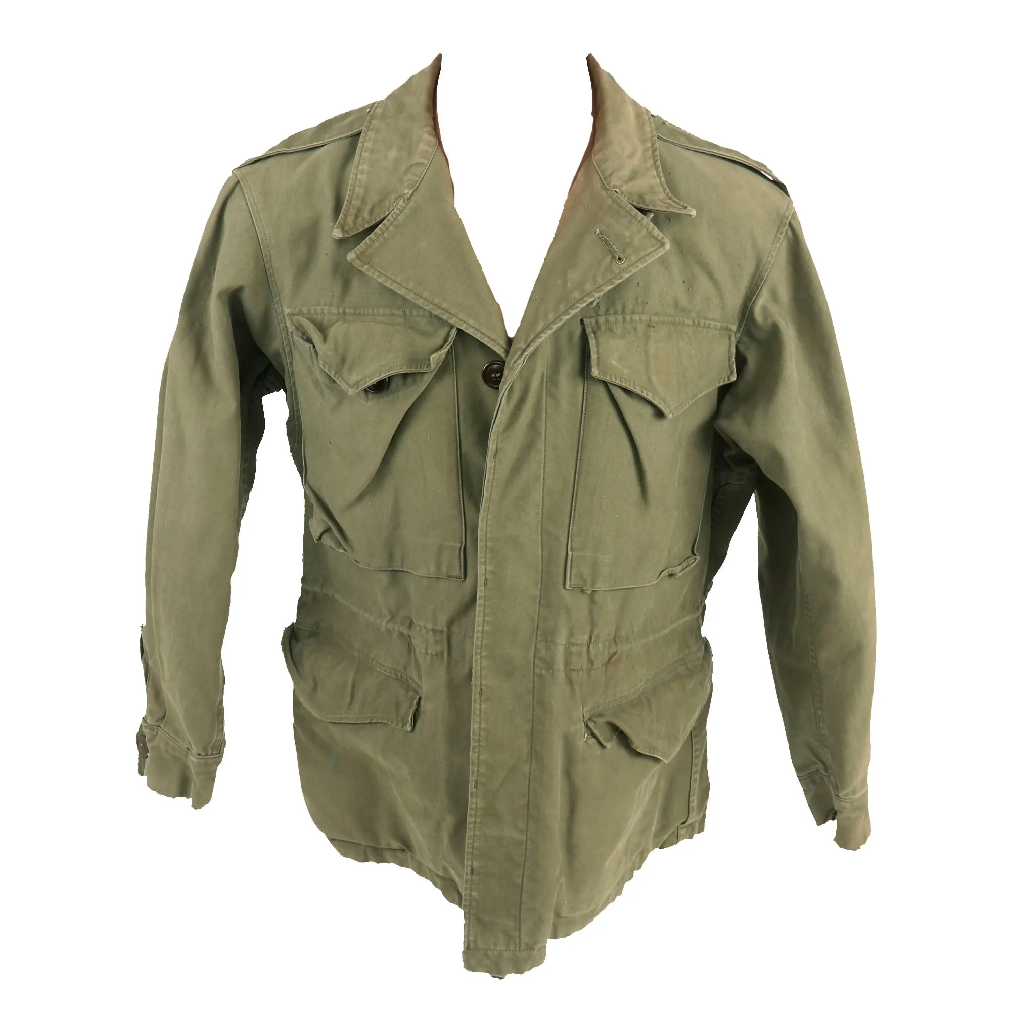 Original U.S. WWII M43 Field Jacket Korean War Used and Personalized by II Armored Corps Member - Size 34S