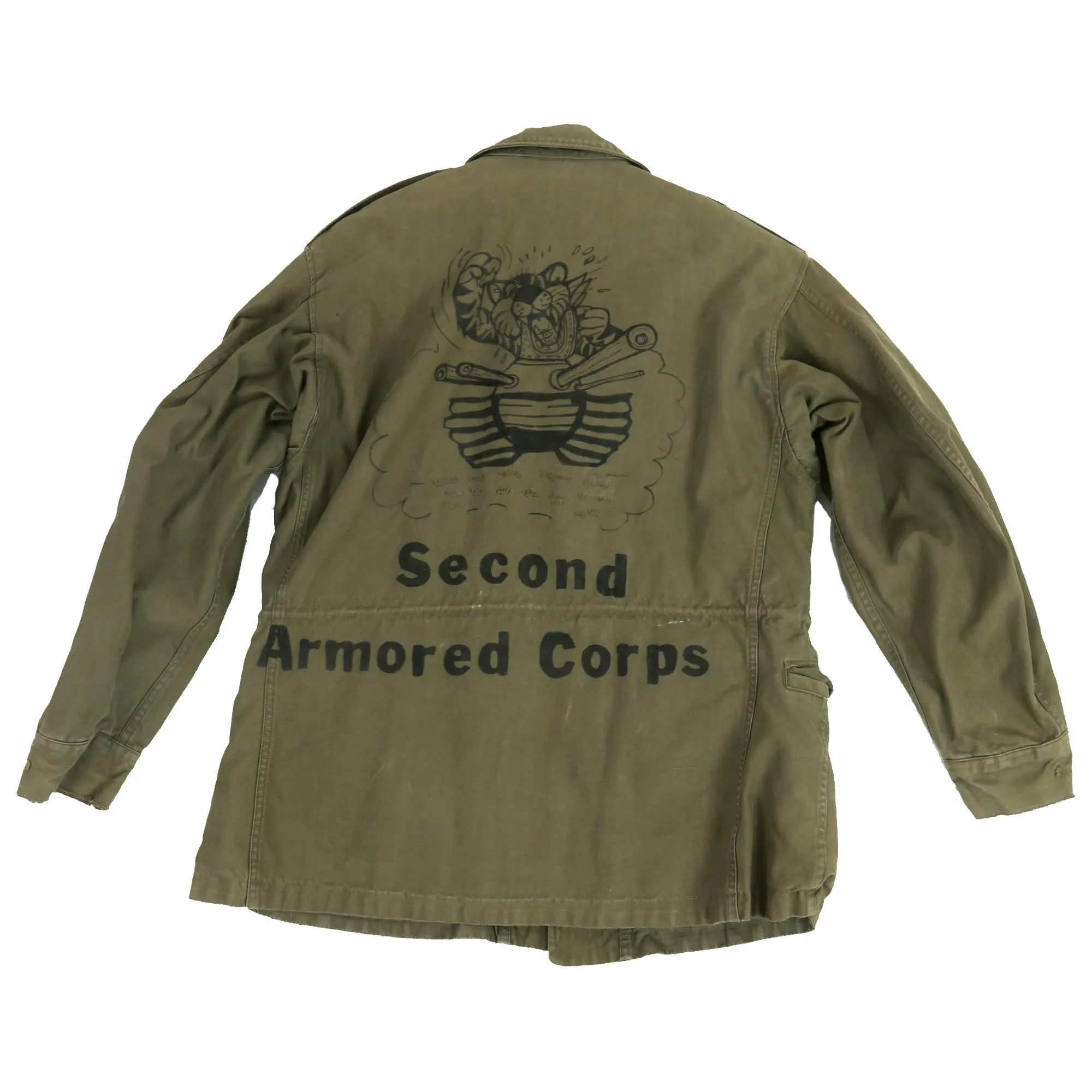 Original U.S. WWII M43 Field Jacket Korean War Used and Personalized by II Armored Corps Member - Size 34S