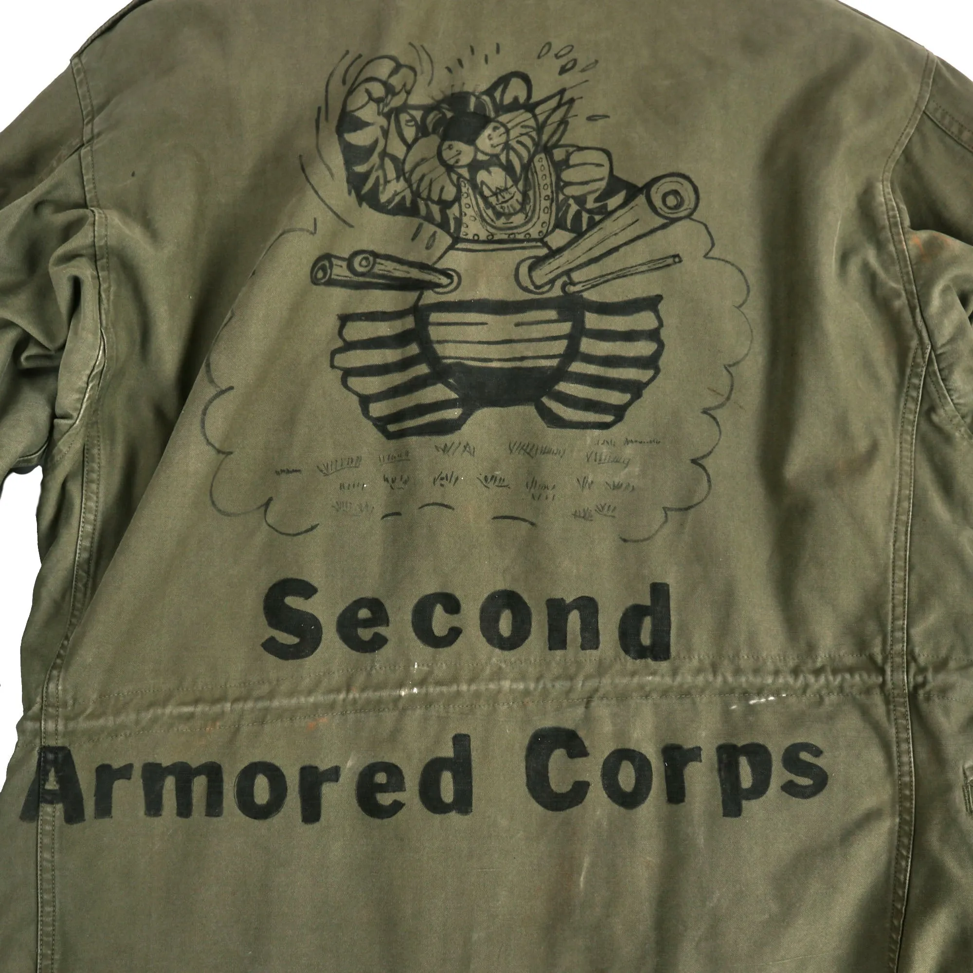 Original U.S. WWII M43 Field Jacket Korean War Used and Personalized by II Armored Corps Member - Size 34S