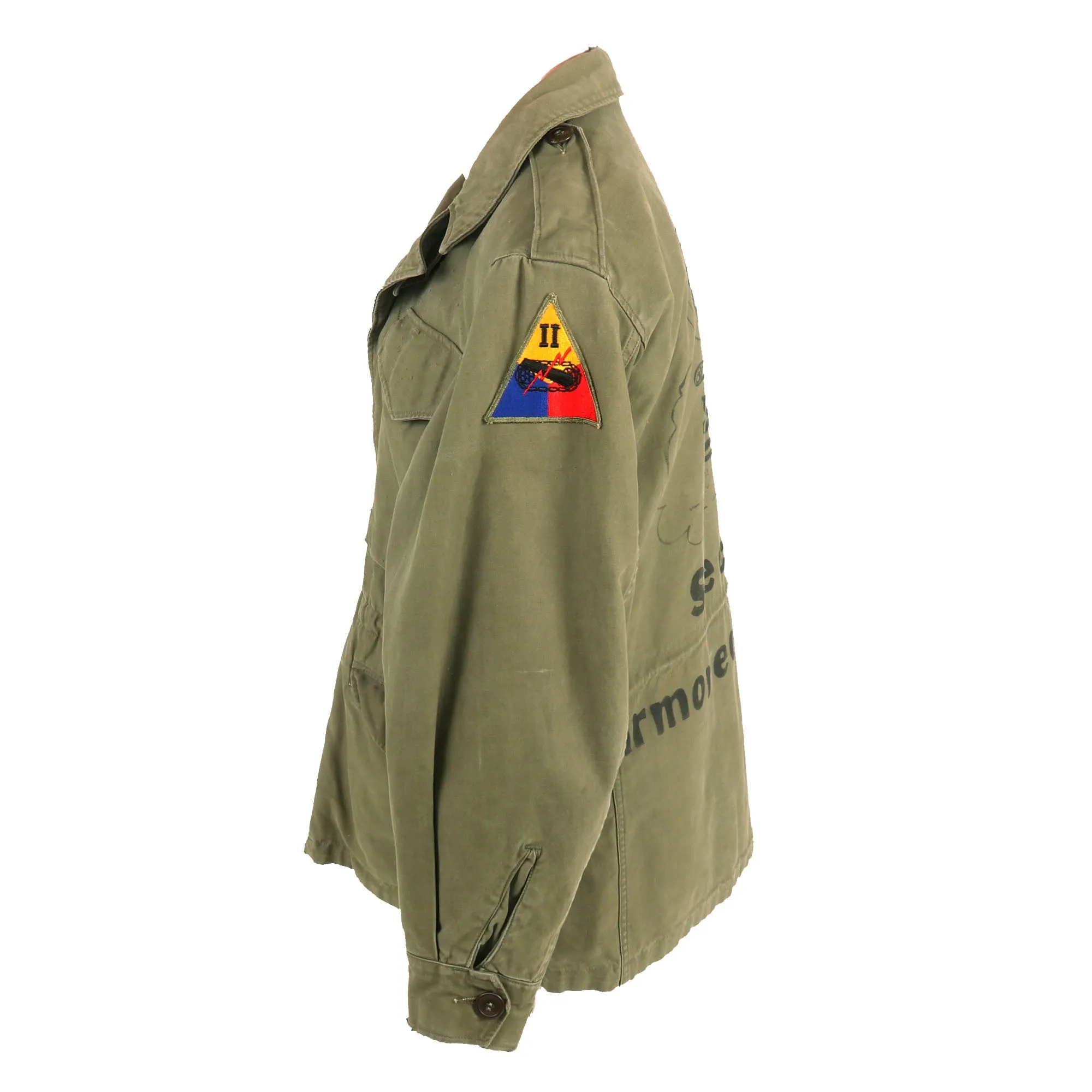 Original U.S. WWII M43 Field Jacket Korean War Used and Personalized by II Armored Corps Member - Size 34S