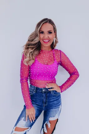 Pearly Rhinestone Mesh Crop Top - Purple