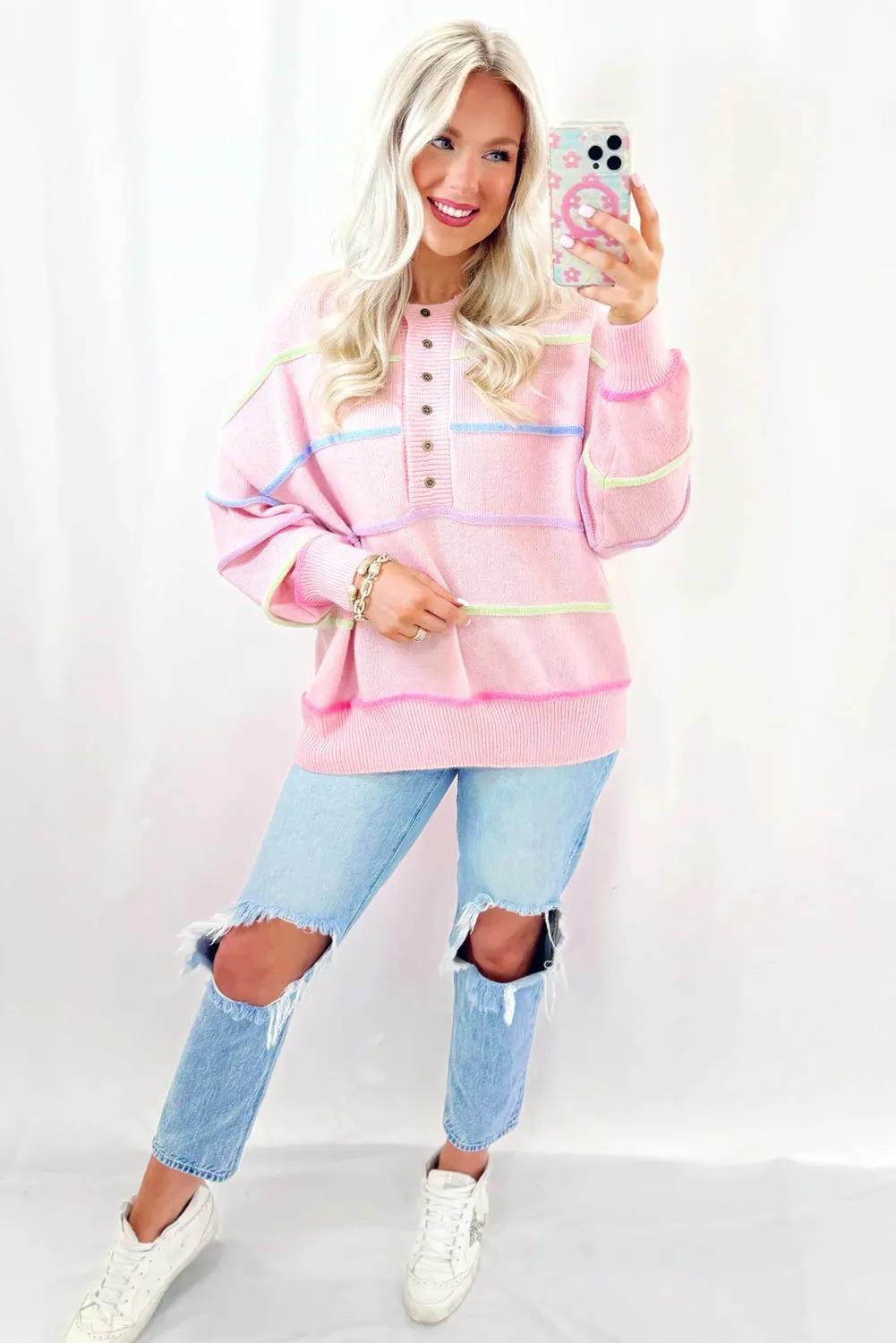 Pink Rainbow Stripes Baggy Henley Sweater